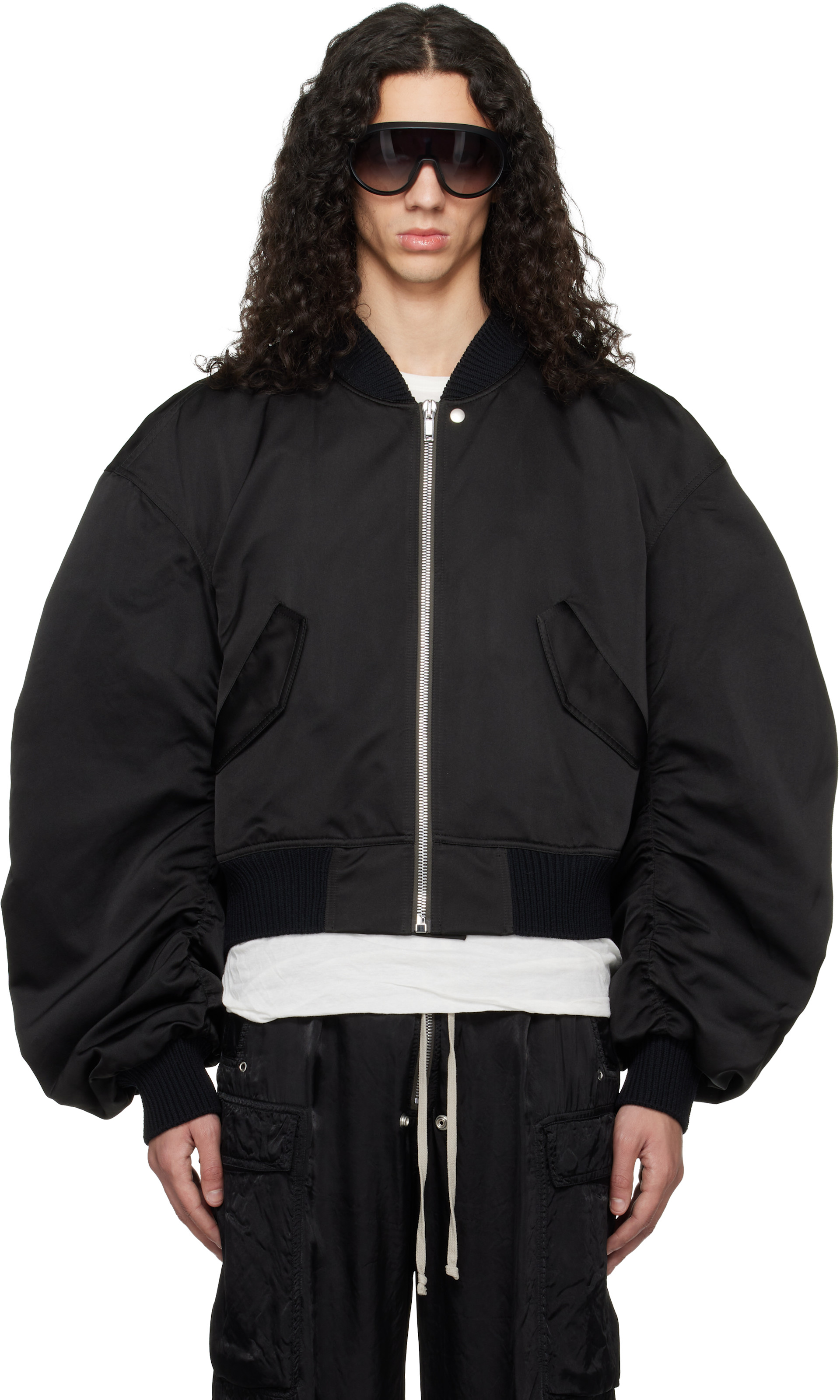 Rick Owensフリル ジャケット Rick Owens: ブラック Temple Secchia フライトジャケット | SSENSE 日本