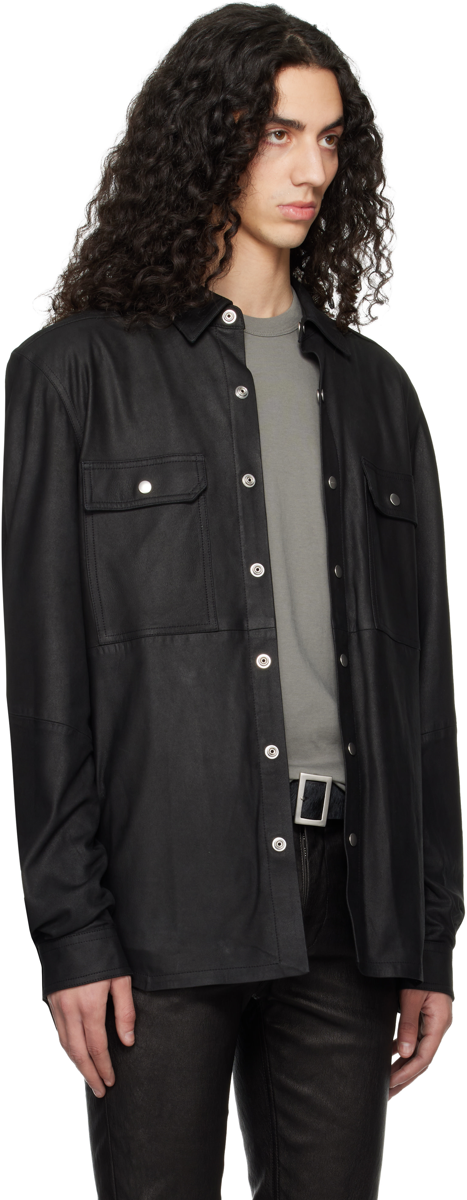 Rick Owens: ブラック Temple Feather ナッパレザー アウター シャツ