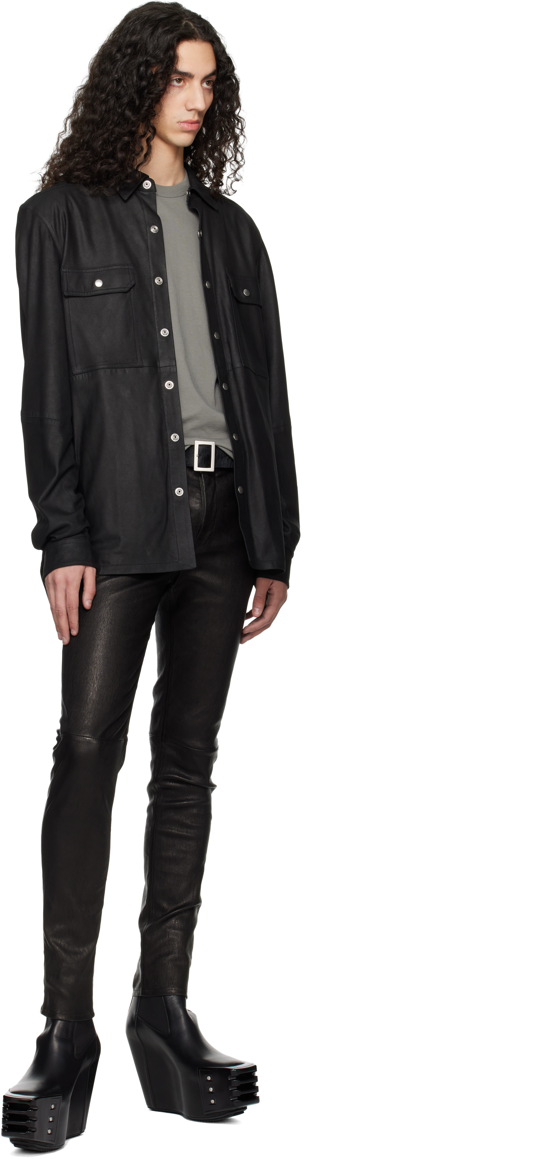 Rick Owens: ブラック Temple Feather ナッパレザー アウター シャツ