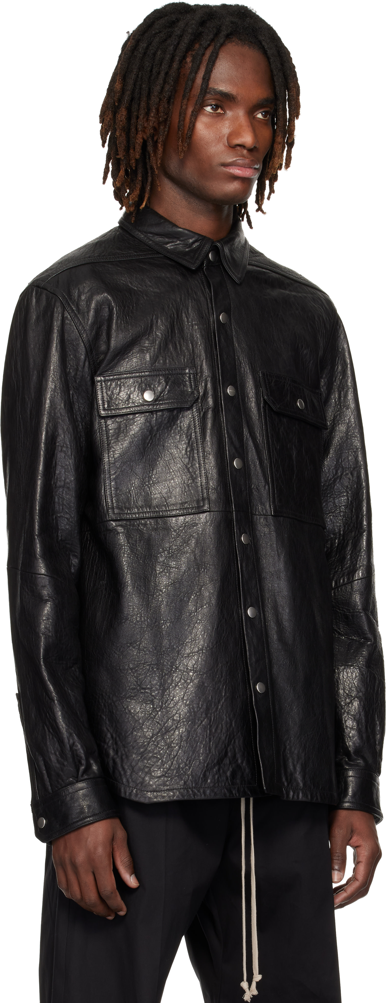RICK OWENS レザー シャツアウター 44 RICK OWENS(リックオウエンス) レザーシャツジャケット ブラック