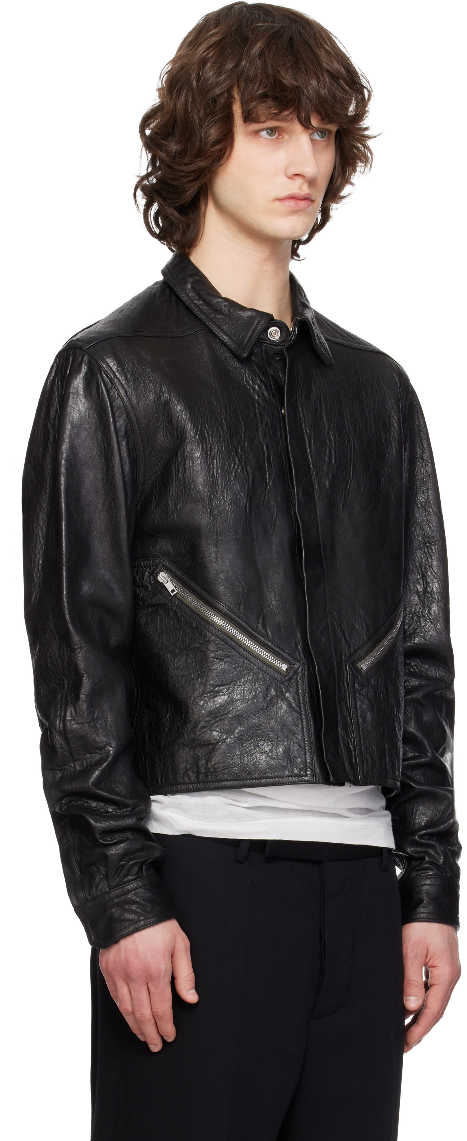 Rick Owens: ブラック Temple Tour Alice レザー オーバーシャツ