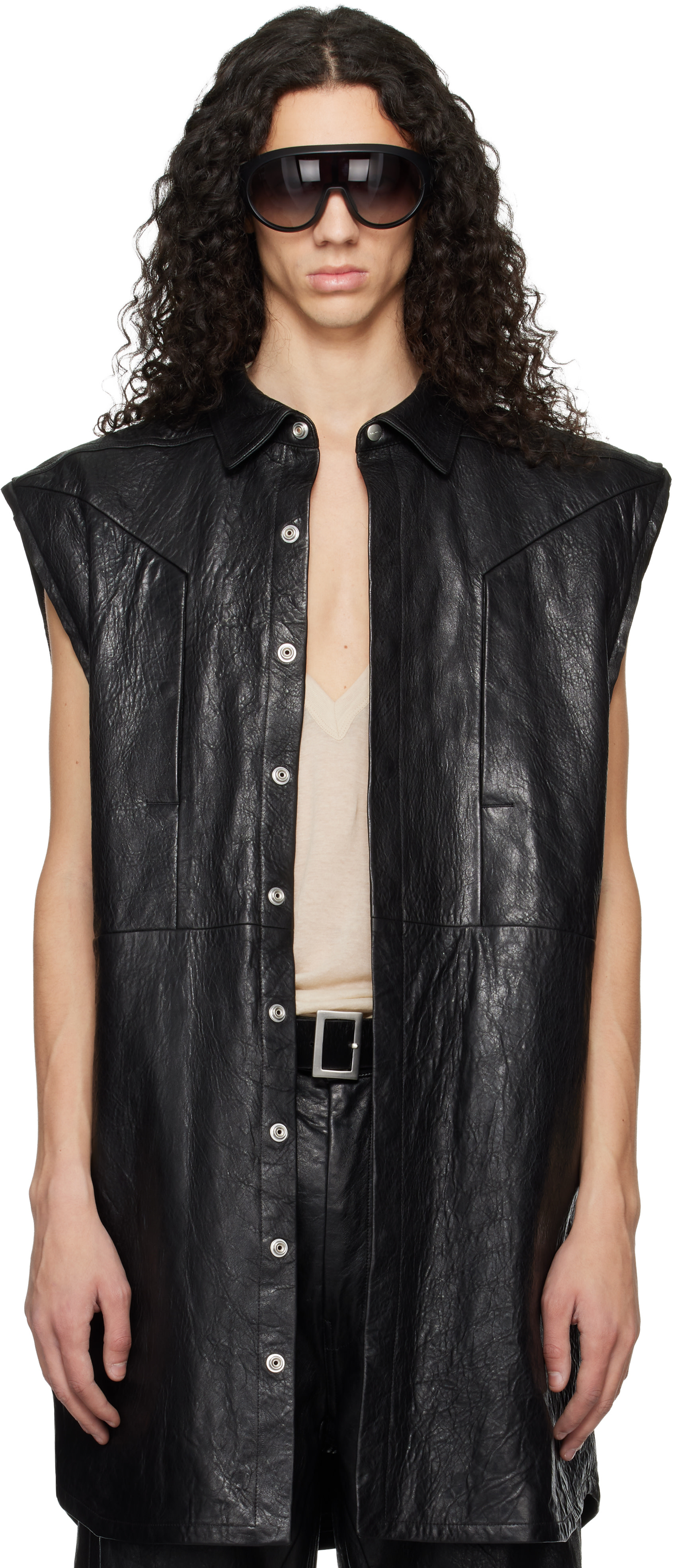 Rick Owens: ブラック Temple Jumbo Outshirt レザー ベスト | SSENSE 日本