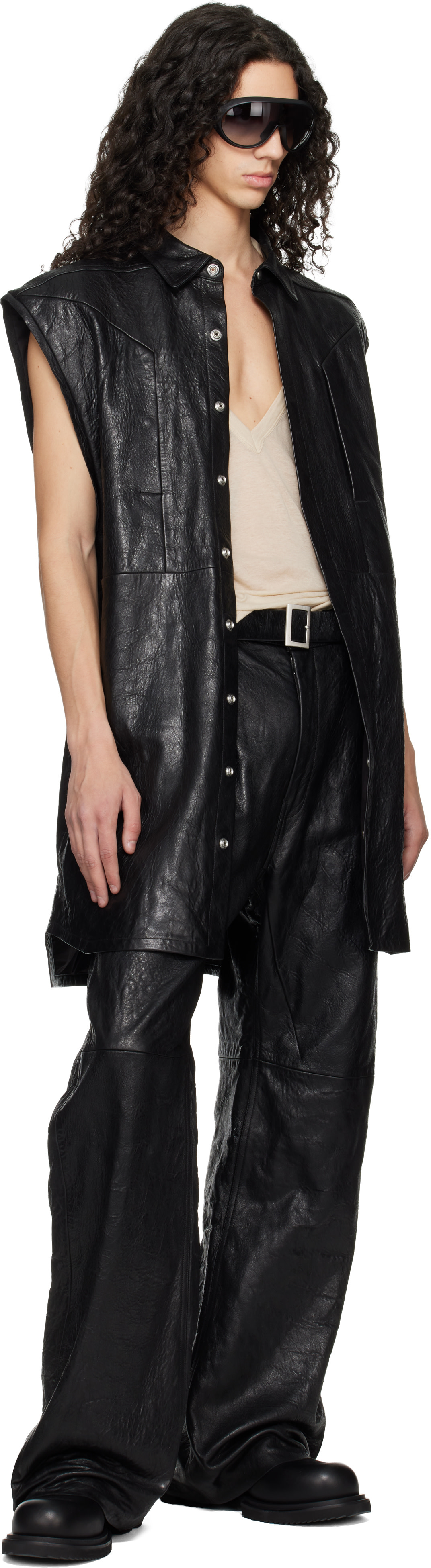Rick Owens: ブラック Temple Jumbo Outshirt レザー ベスト | SSENSE 日本