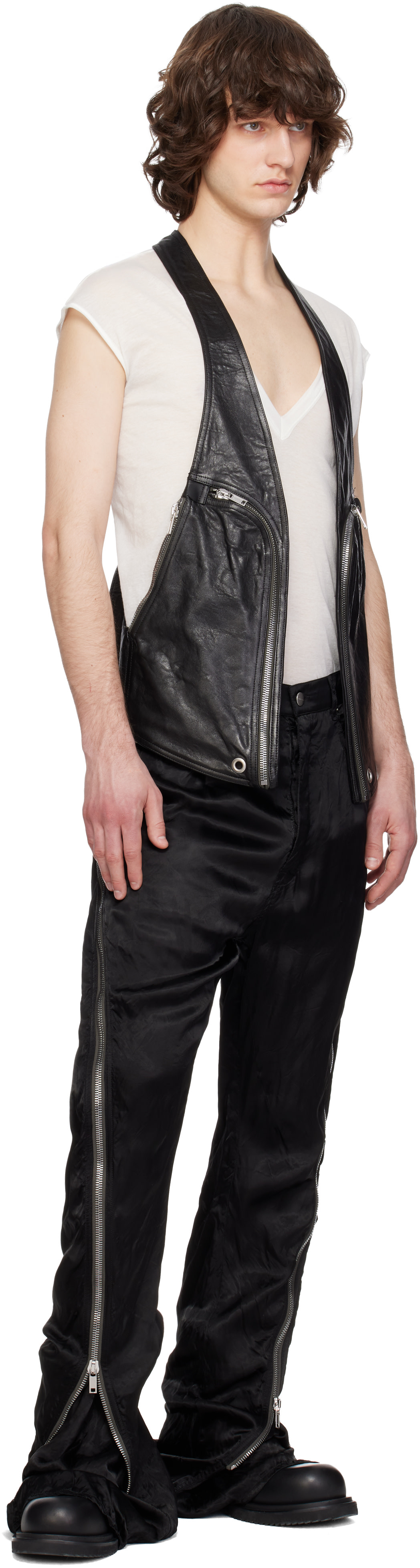 【美品】RICK OWENS BAUHAUS レザー ベスト 50 Rick Owens: ブラック Temple Bauhaus レザー ベスト | SSENSE 日本