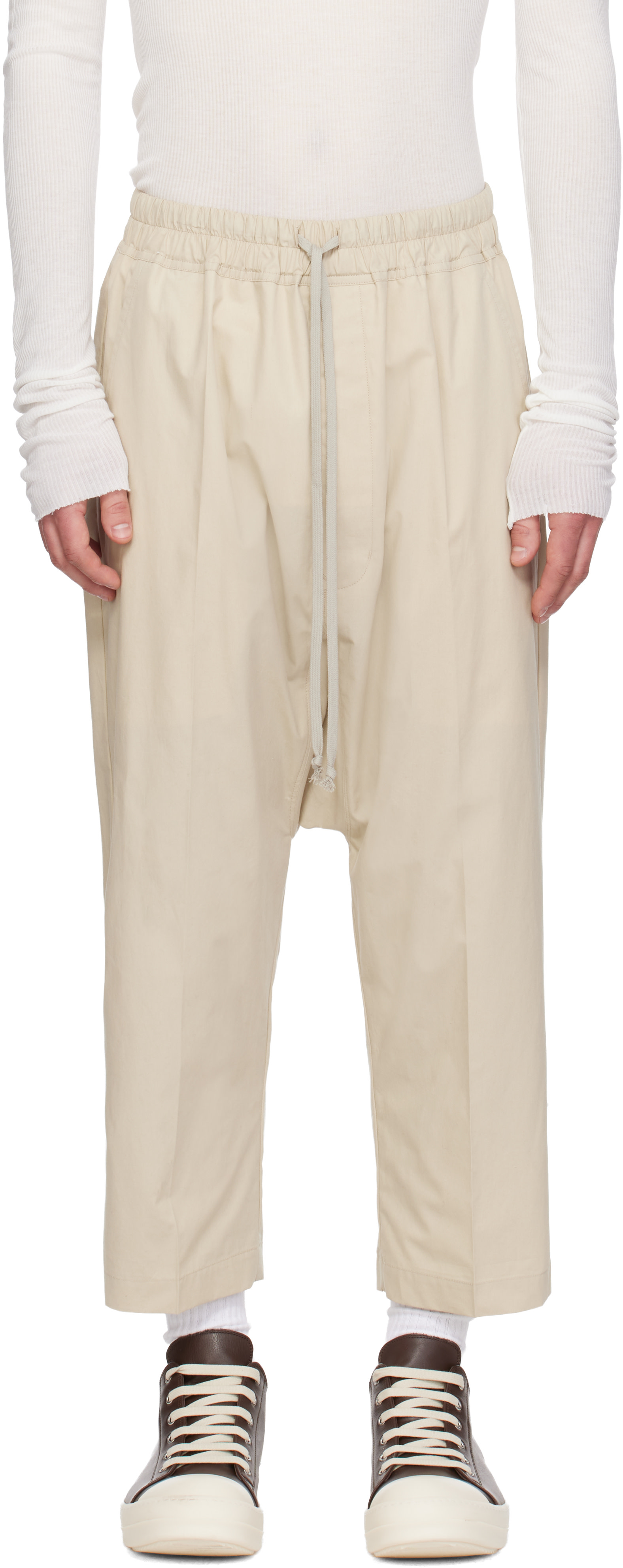 パンツ RICK OWENS CROPPED DRAWSTRING 46 Rick Owens: Beige Temple Drawstring Cropped Trousers | SSENSE