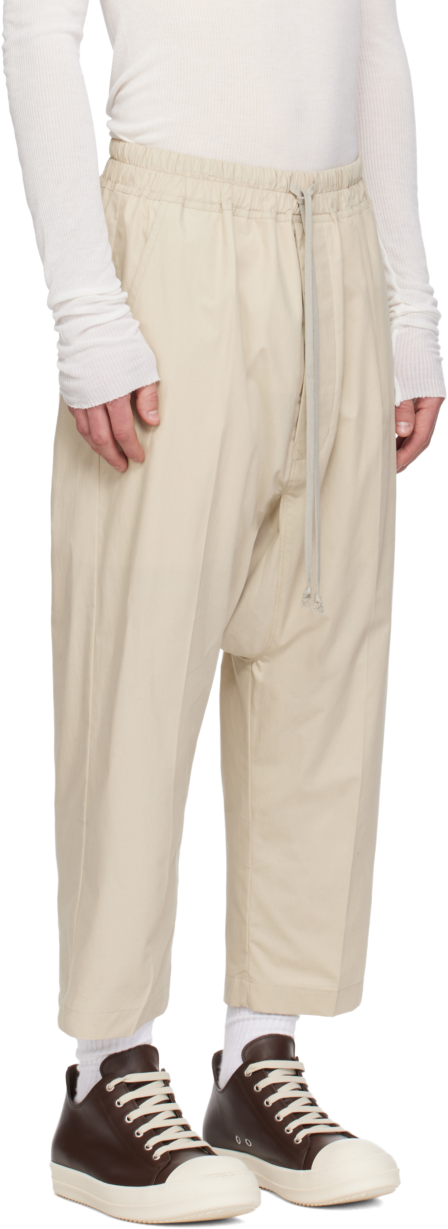 Rick Owens: Beige Temple Drawstring Cropped Trousers | SSENSE Rick Owens: Beige Temple Drawstring Cropped Trousers | SSENSE