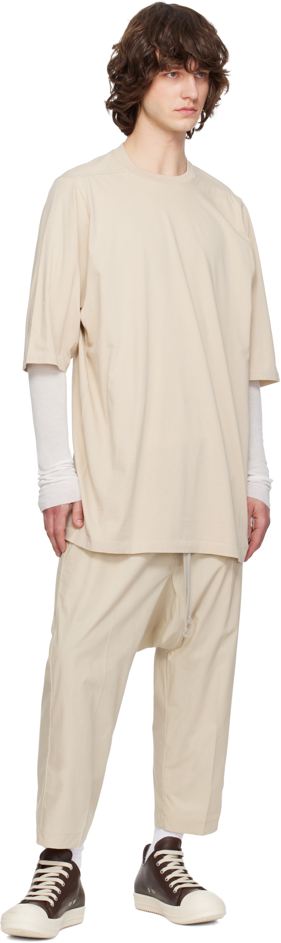 Rick Owens: Beige Temple Drawstring Cropped Trousers | SSENSE