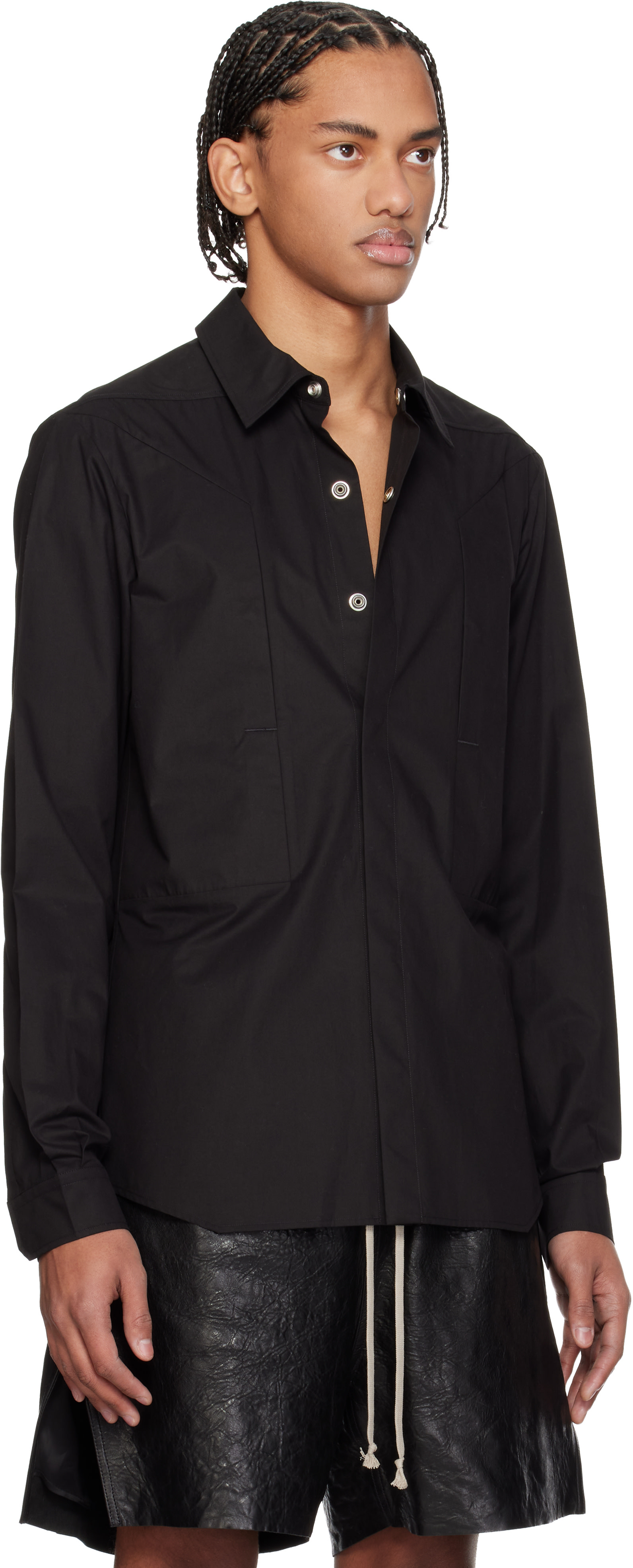 Rick Owens 22SS FOGPOCKET 羊革 レザー ラリーシャツ Rick Owens: Black Temple Fogpocket Shirt | SSENSE