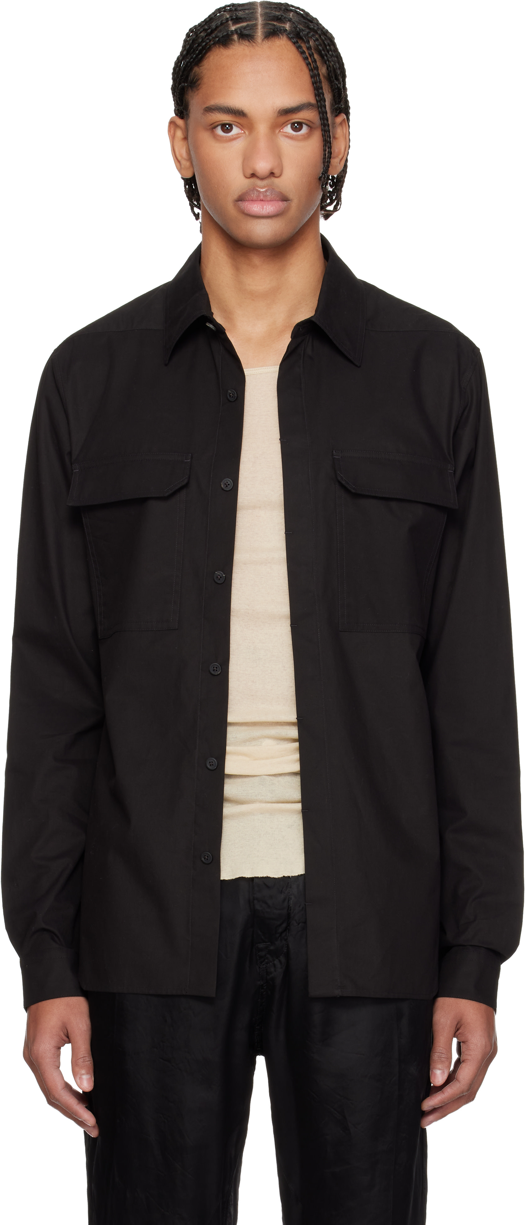 Rick Owens: ブラック Temple ワークシャツ | SSENSE 日本
