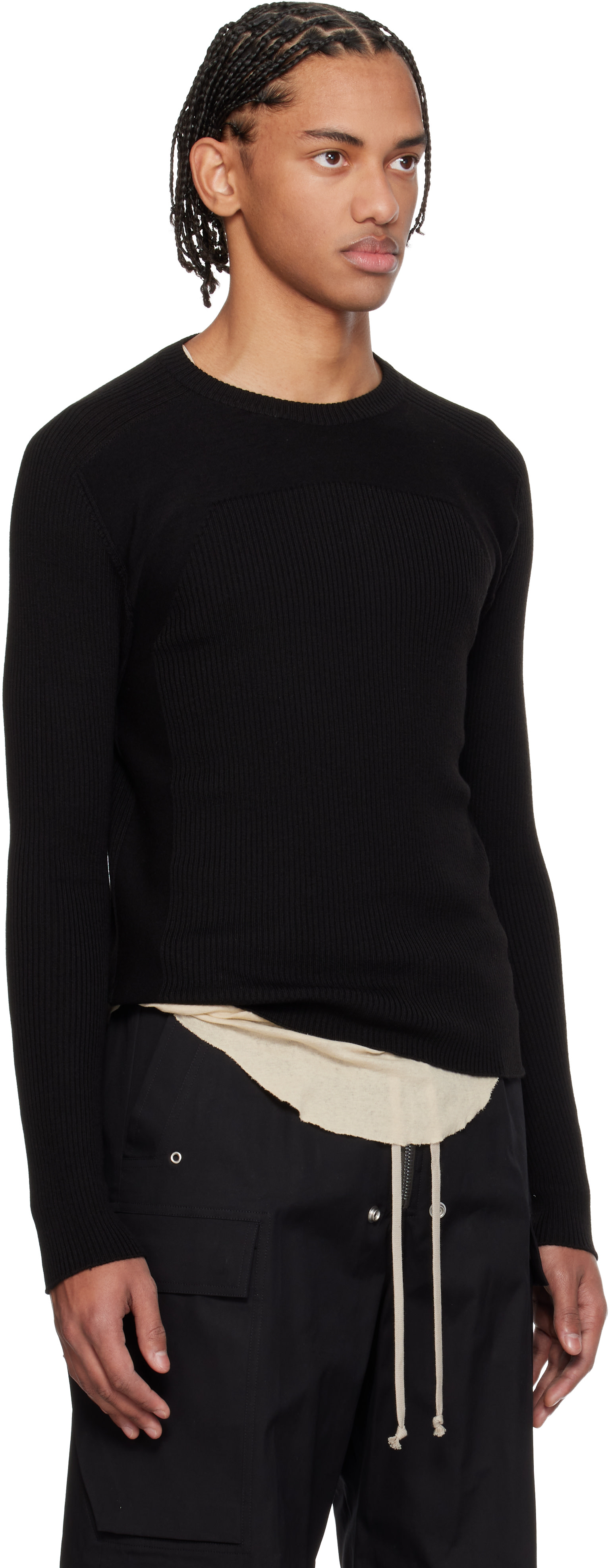 Rick Owens: ブラック Temple Ribbed Geo セーター | SSENSE 日本