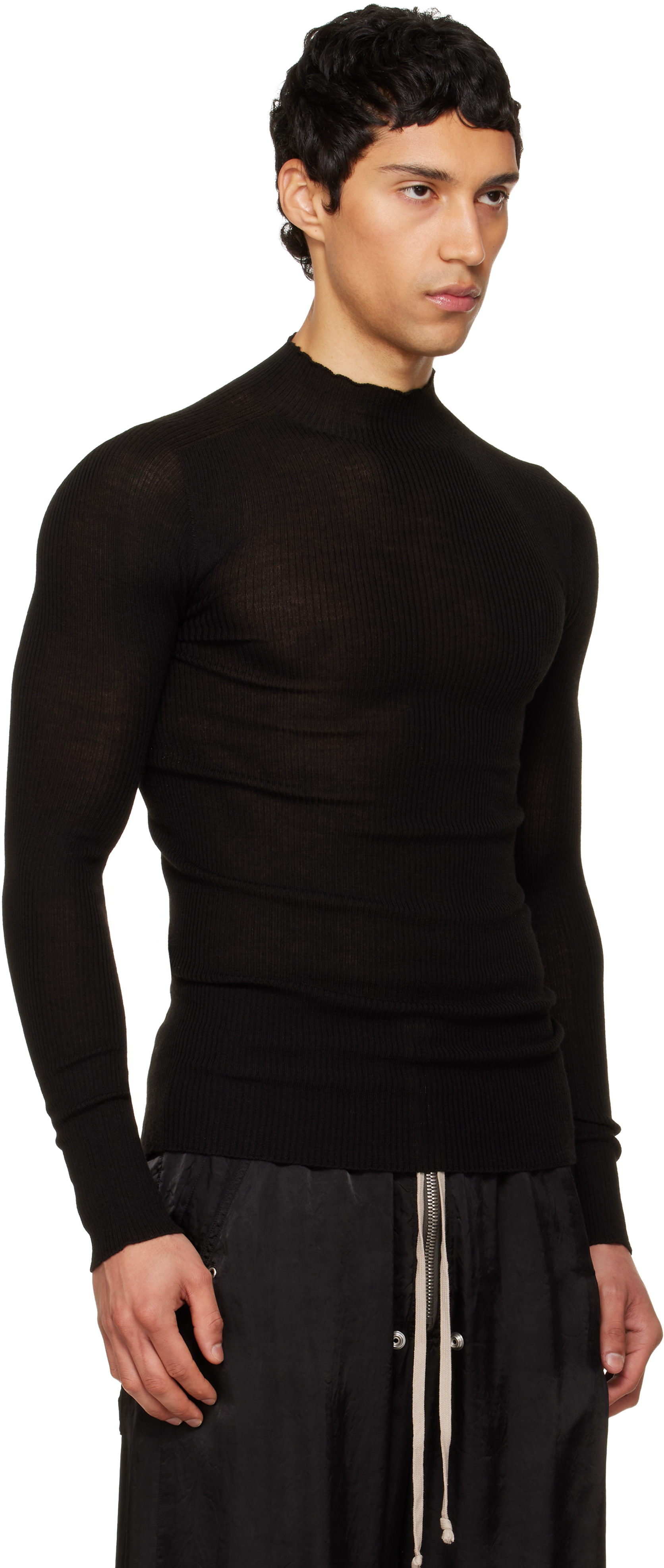 Rick Owens: Black Temple Ribbed Lupetto Sweater | SSENSE