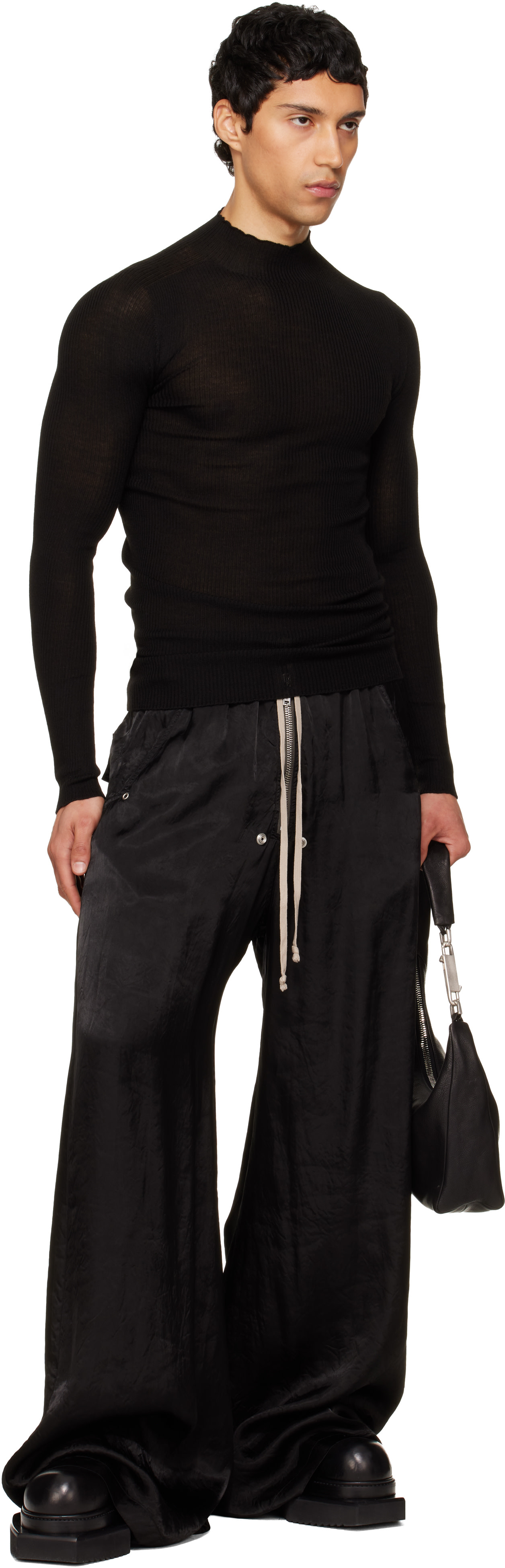 Rick Owens: Black Temple Ribbed Lupetto Sweater | SSENSE