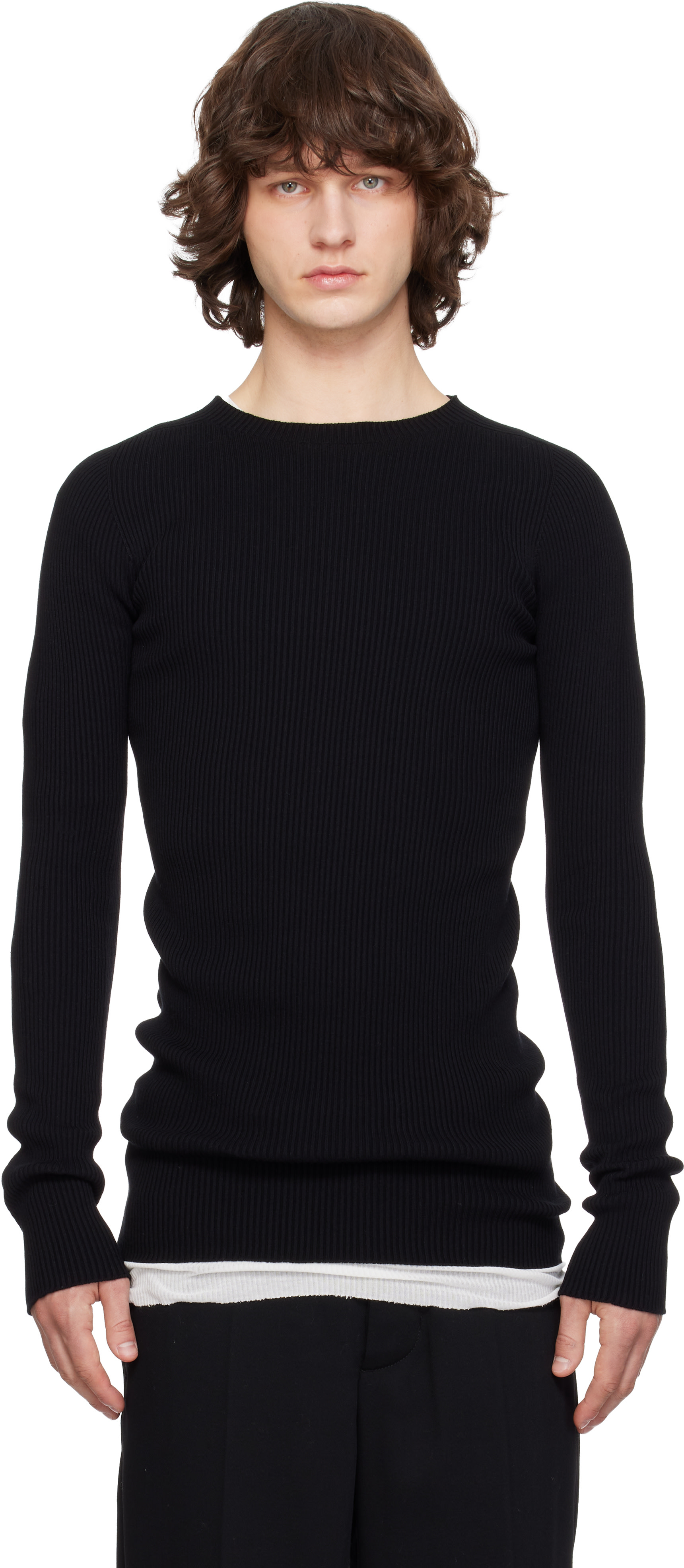 Rick Owens: Black Temple Ribbed Round Neck Sweater | SSENSE Japan