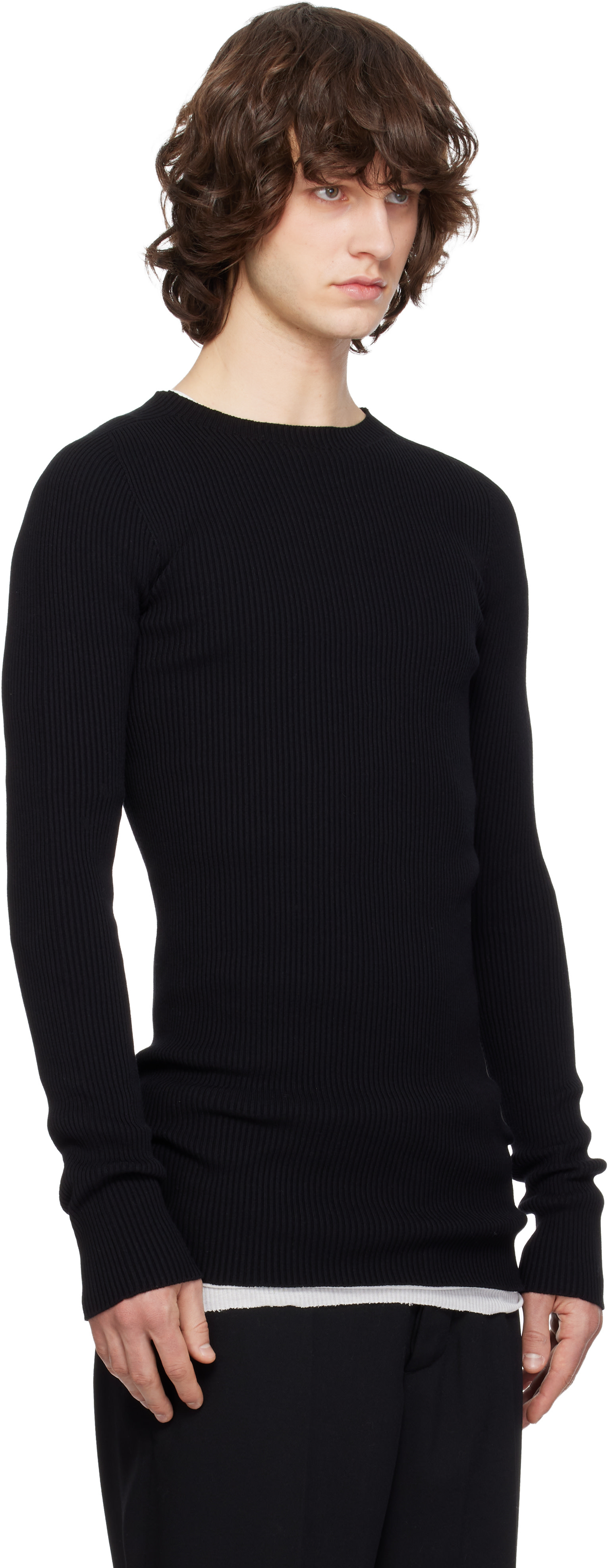 Rick Owens: Black Temple Ribbed Round Neck Sweater | SSENSE