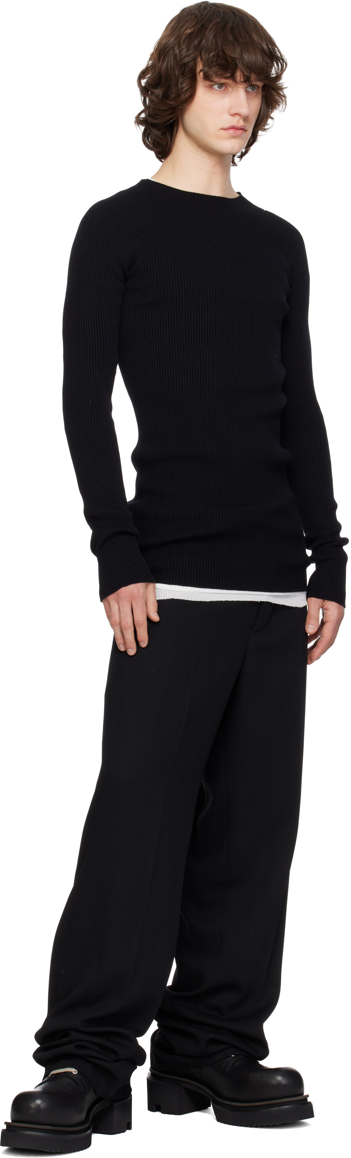 ニット+セーター Rick Owens - Rick Owens Rick Owens: Black Temple Ribbed Round Neck Sweater | SSENSE