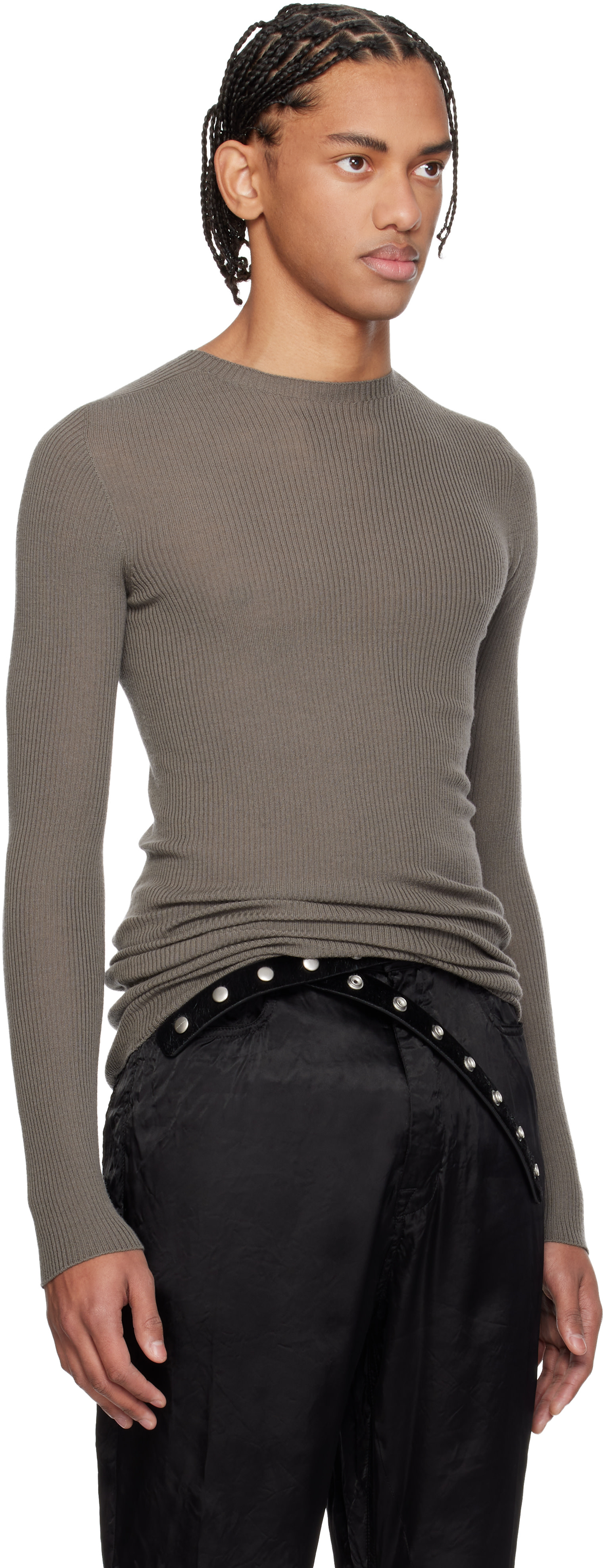 Rick Owens: Gray Temple Ribbed Round Neck Sweater | SSENSE
