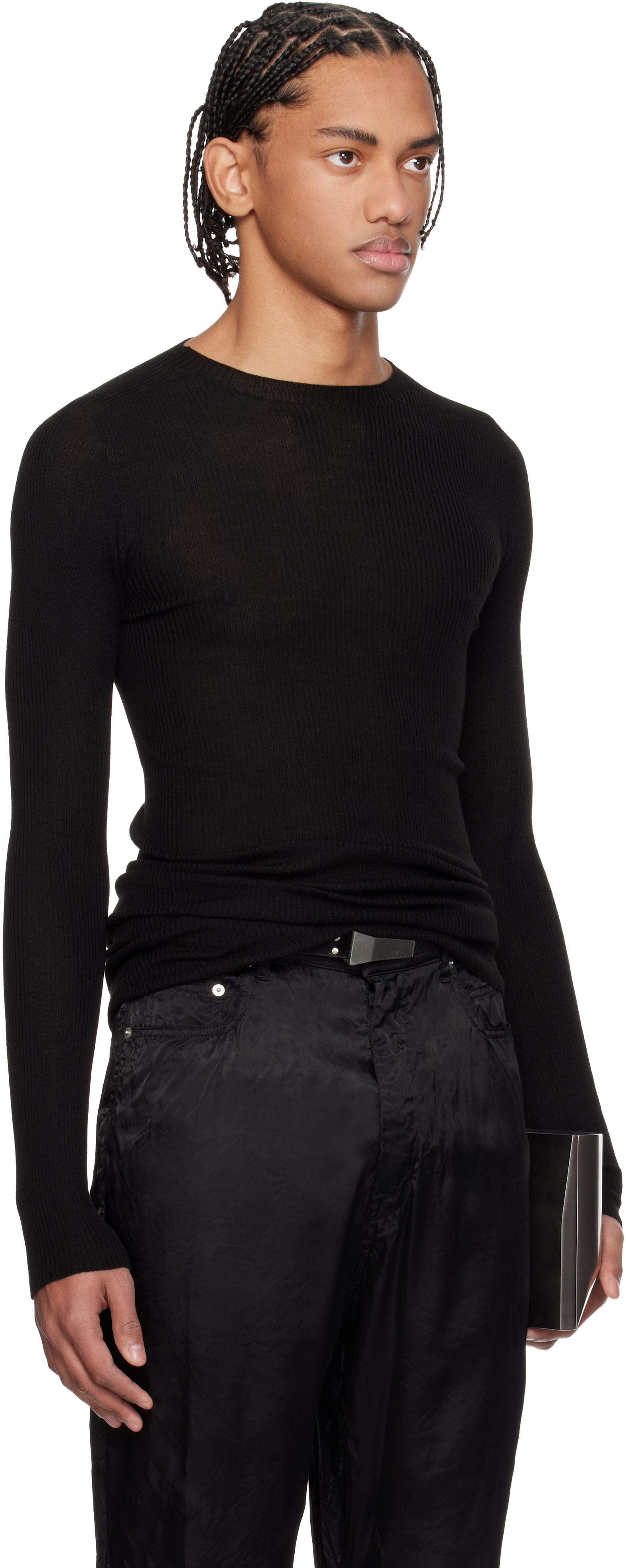 Rick Owens: Black Temple Ribbed Round Neck Sweater | SSENSE