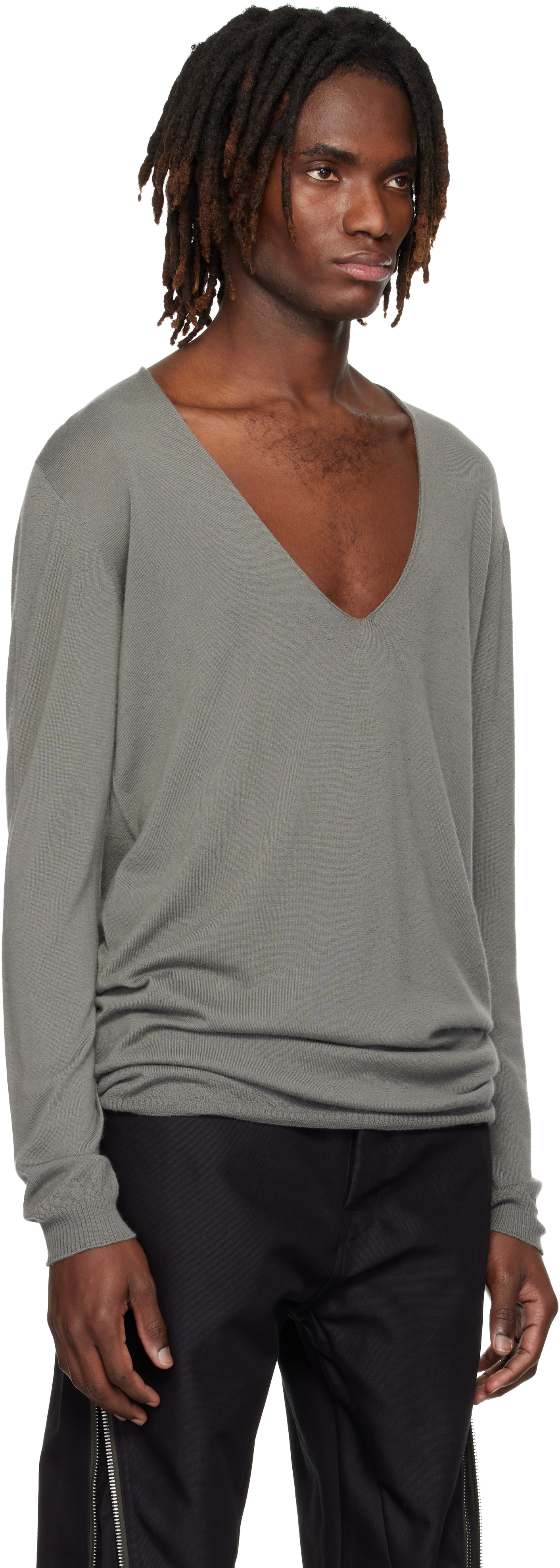 Rick Owens: Gray Temple Oversize Extreme V Neck Sweater | SSENSE
