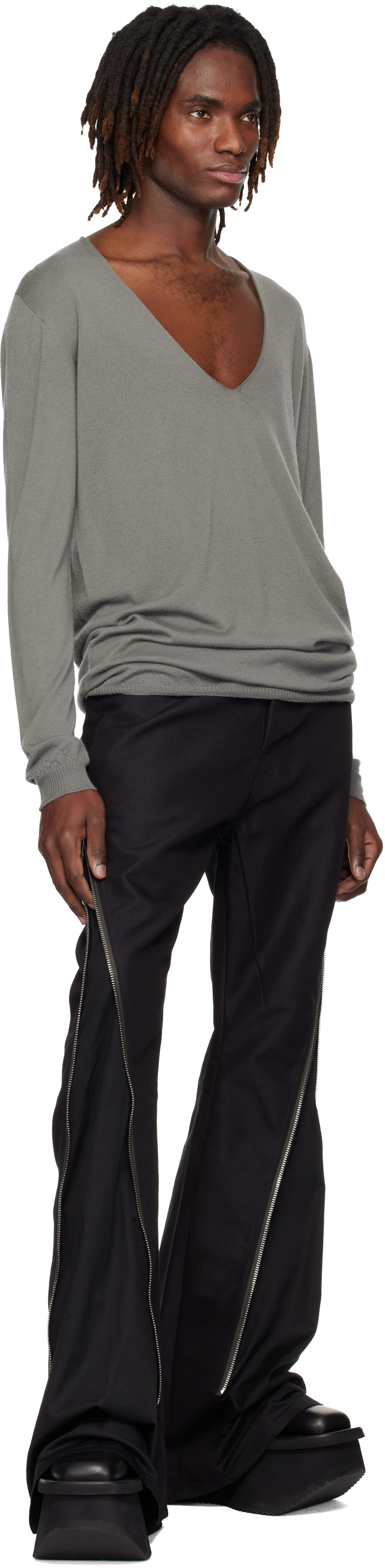 Rick Owens: Gray Temple Oversize Extreme V Neck Sweater | SSENSE