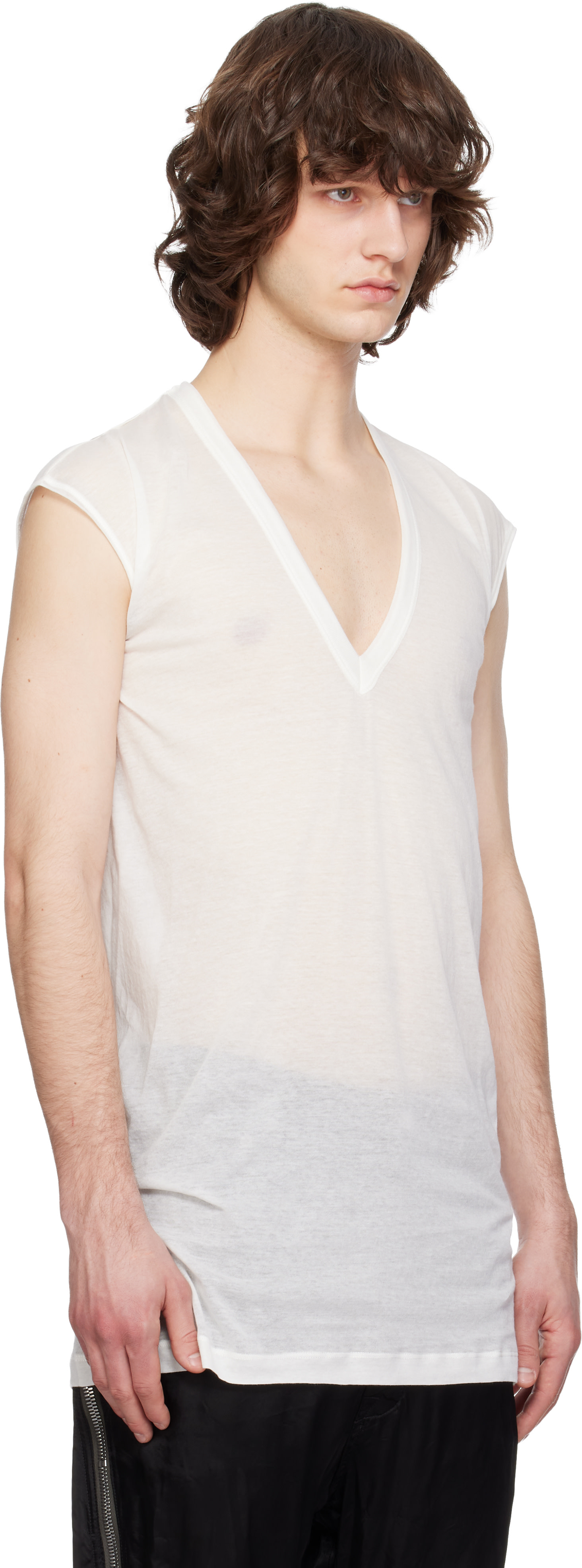 Rick Owens: オフホワイト Temple Deep V SL Tシャツ | SSENSE 日本
