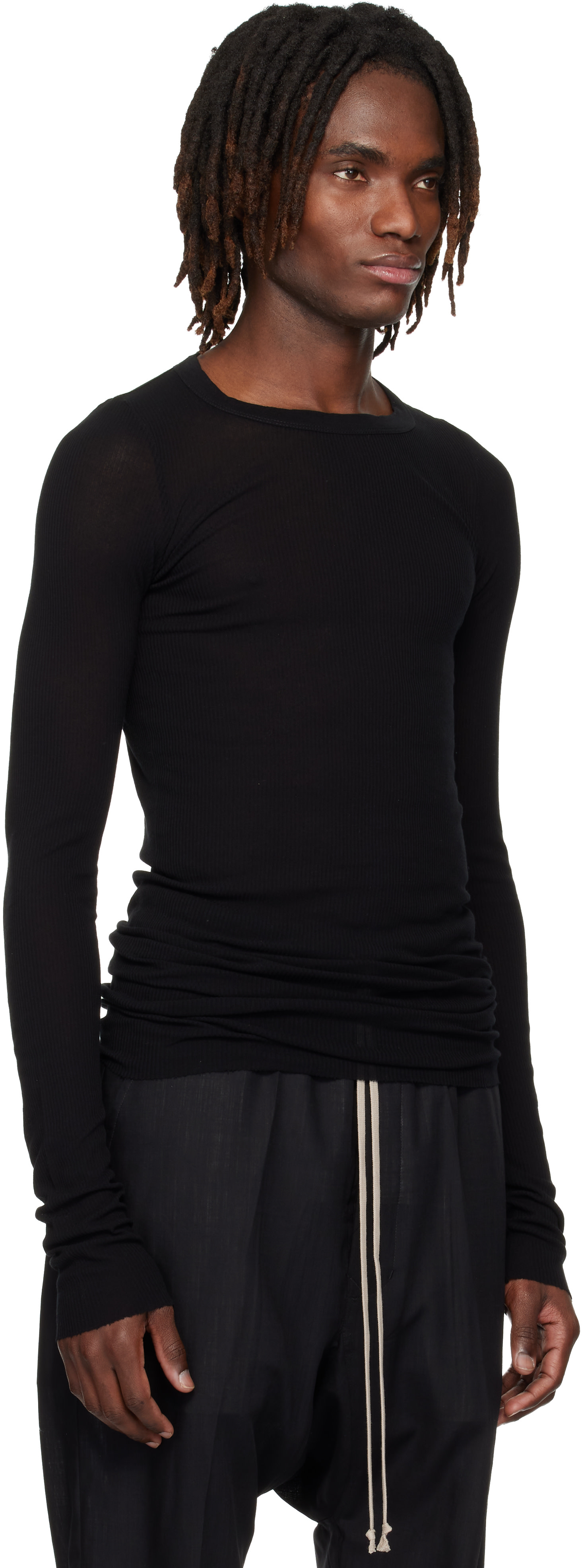 Rick Owens: ブラック Temple 長袖リブTシャツ | SSENSE 日本