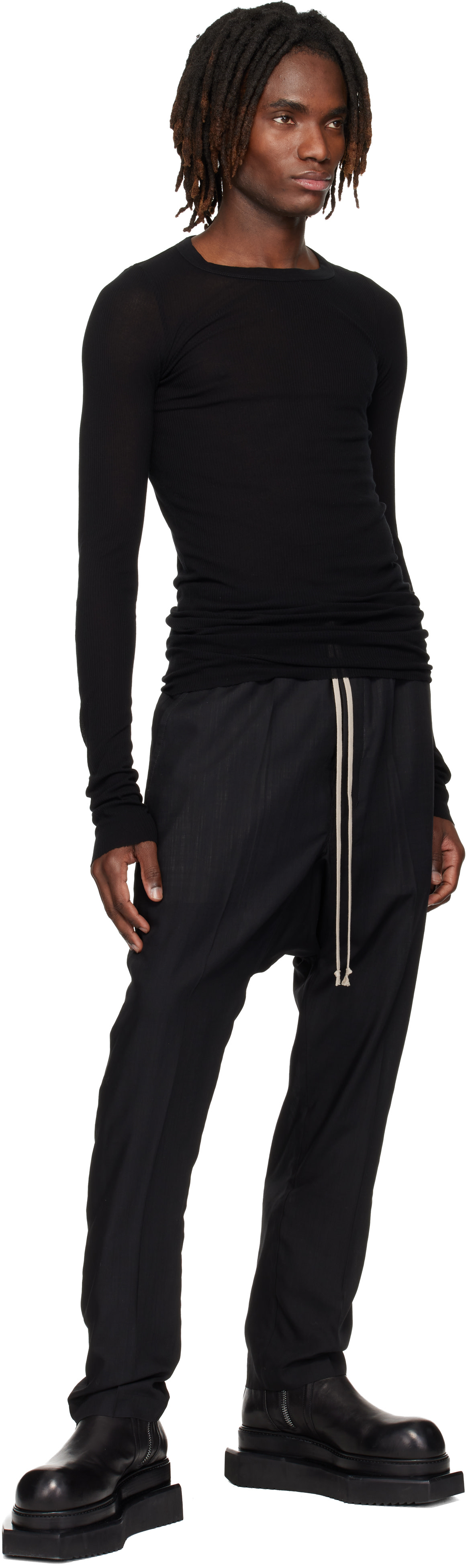 Rick Owens: ブラック Temple 長袖リブTシャツ | SSENSE 日本