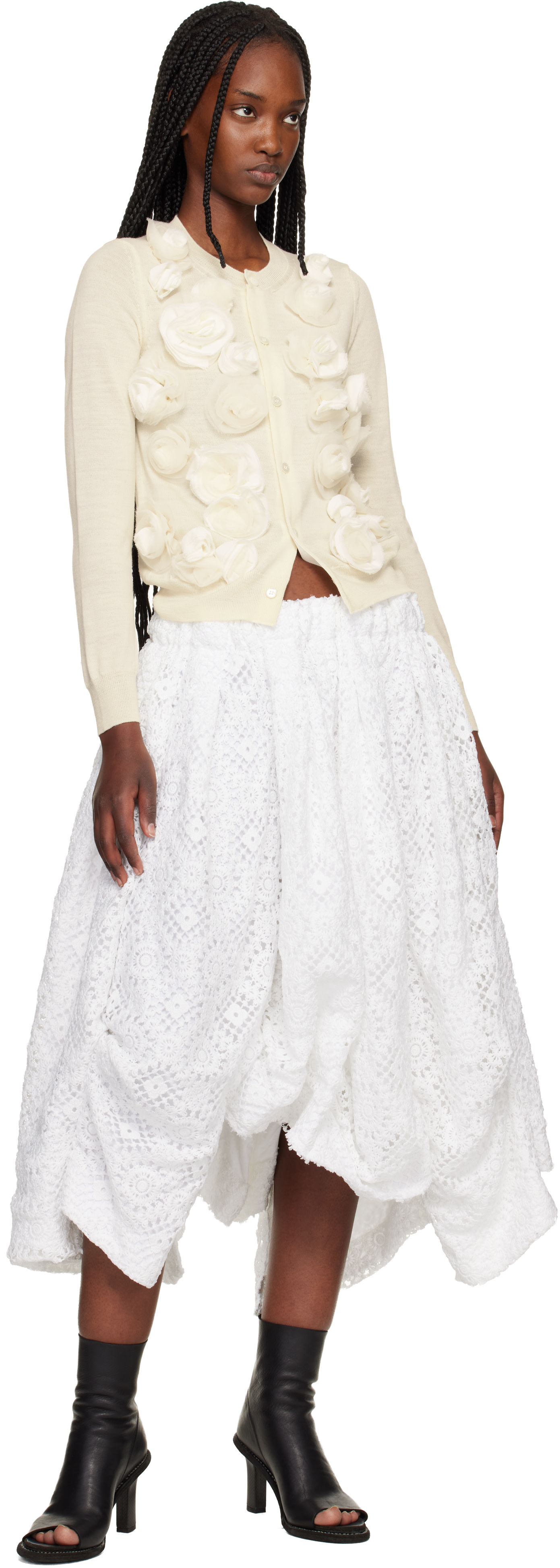 Comme des Garçons: Off-White Polyester Chemical Lace Midi Skirt