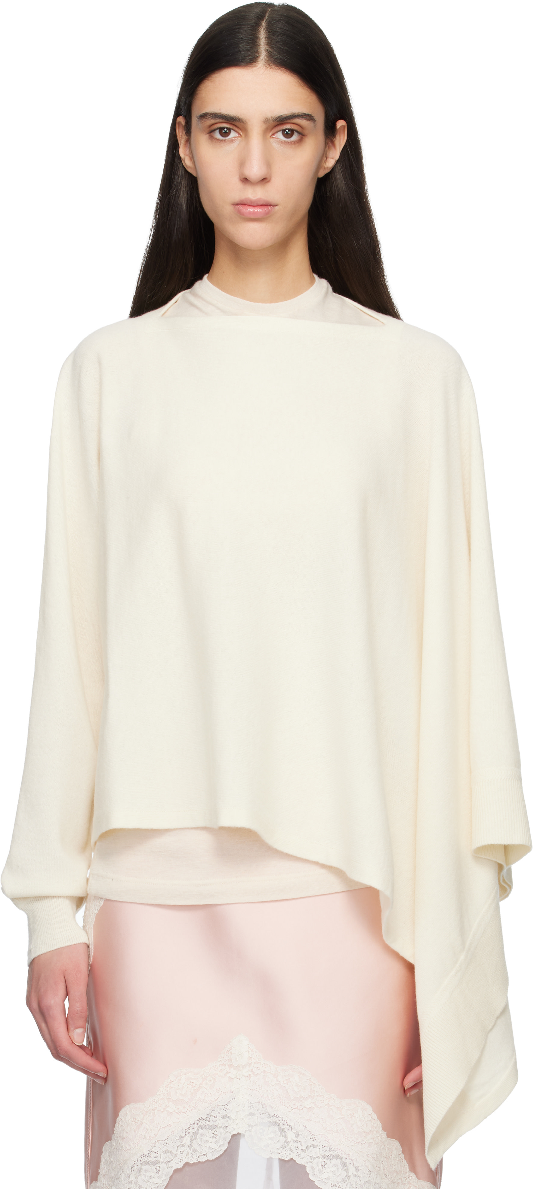 Jil Sander - Pull de style cape blanc cassé à manche unique