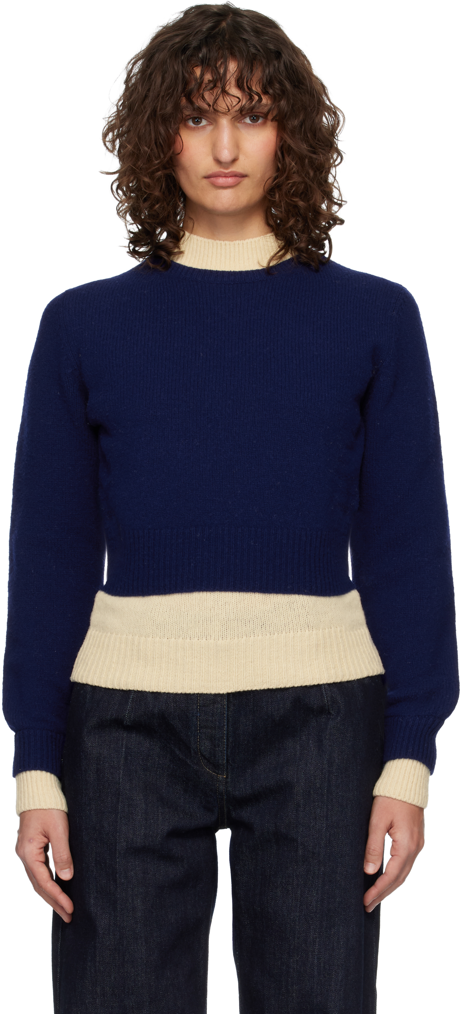 Jil Sander: Blue & Off-White Wool Mock-Neck Sweater | SSENSE