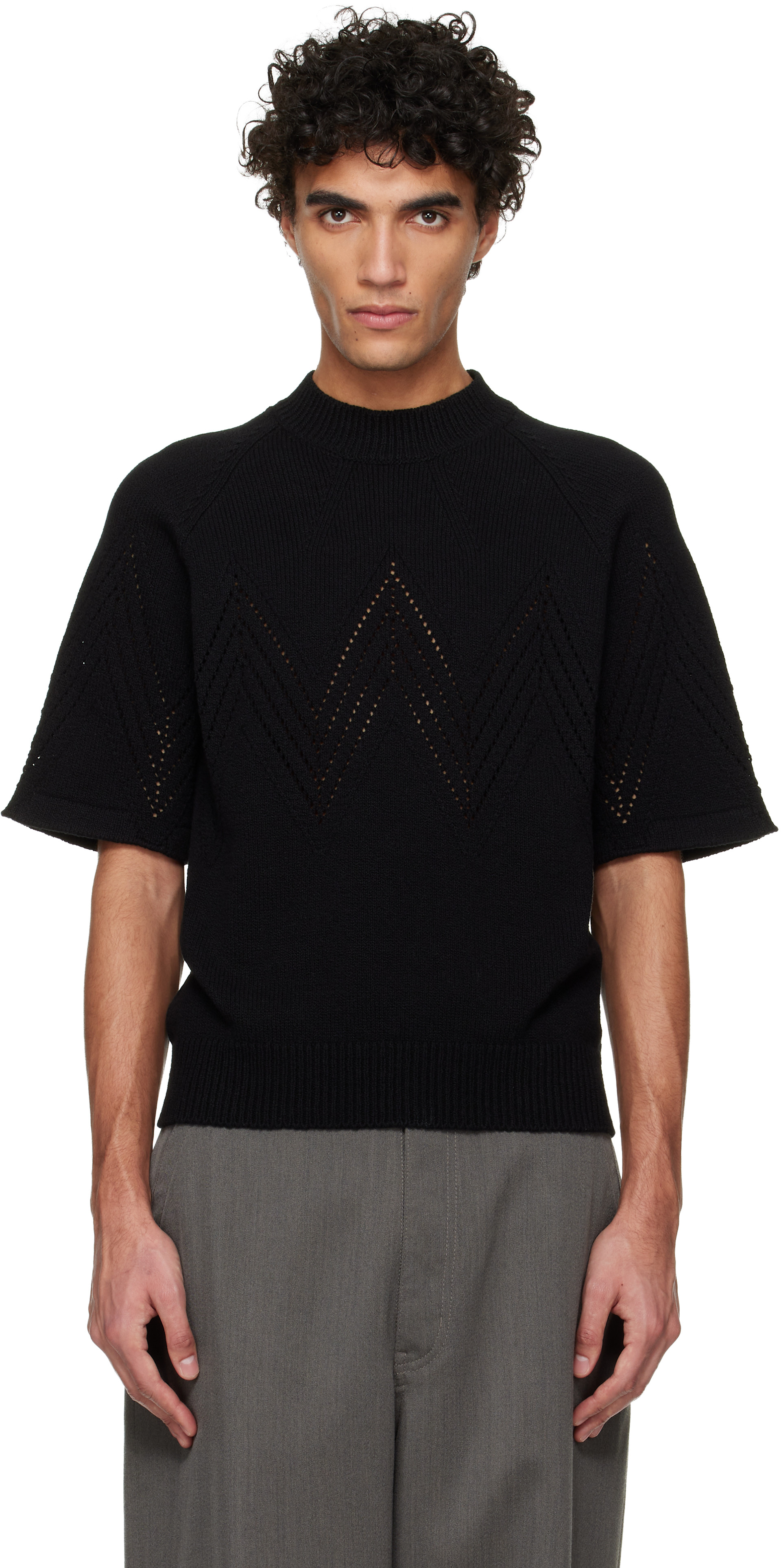Jil Sander - Pull noir en pointelle à manches courtes