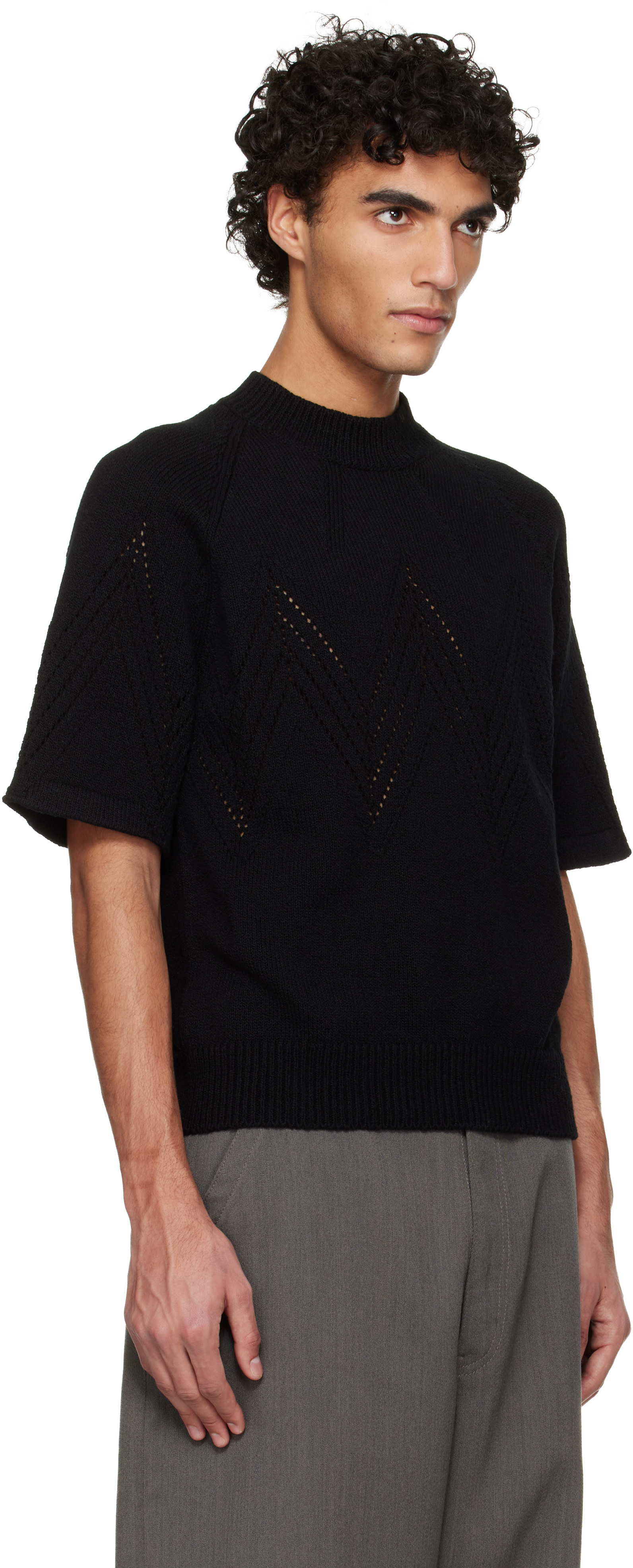 Jil Sander - Pull noir en pointelle à manches courtes
