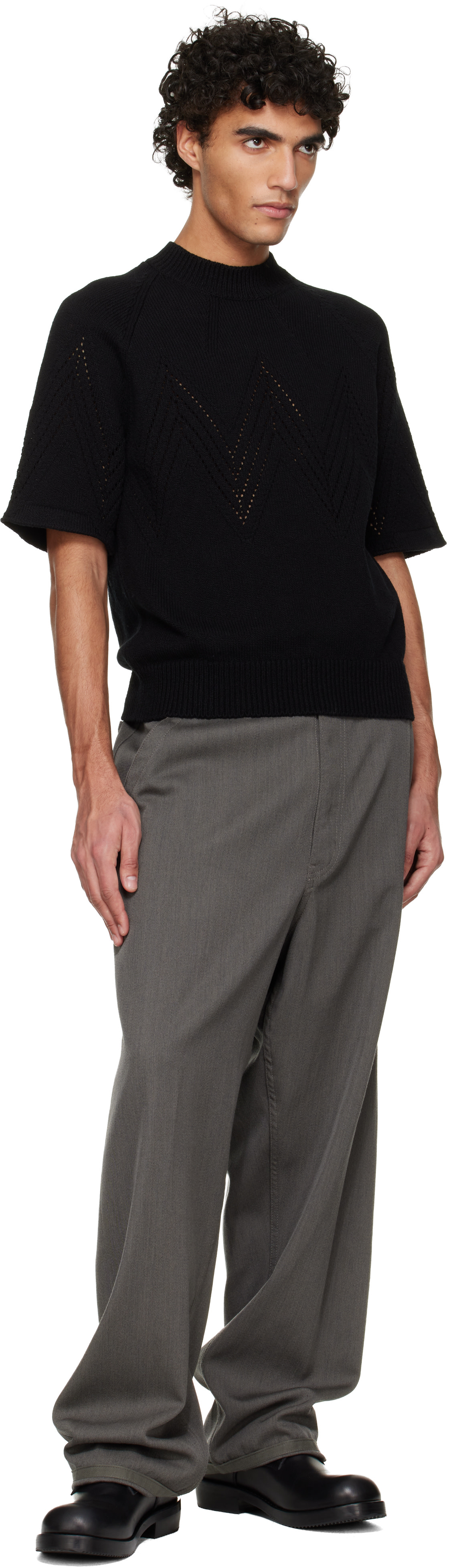 Jil Sander - Pull noir en pointelle à manches courtes