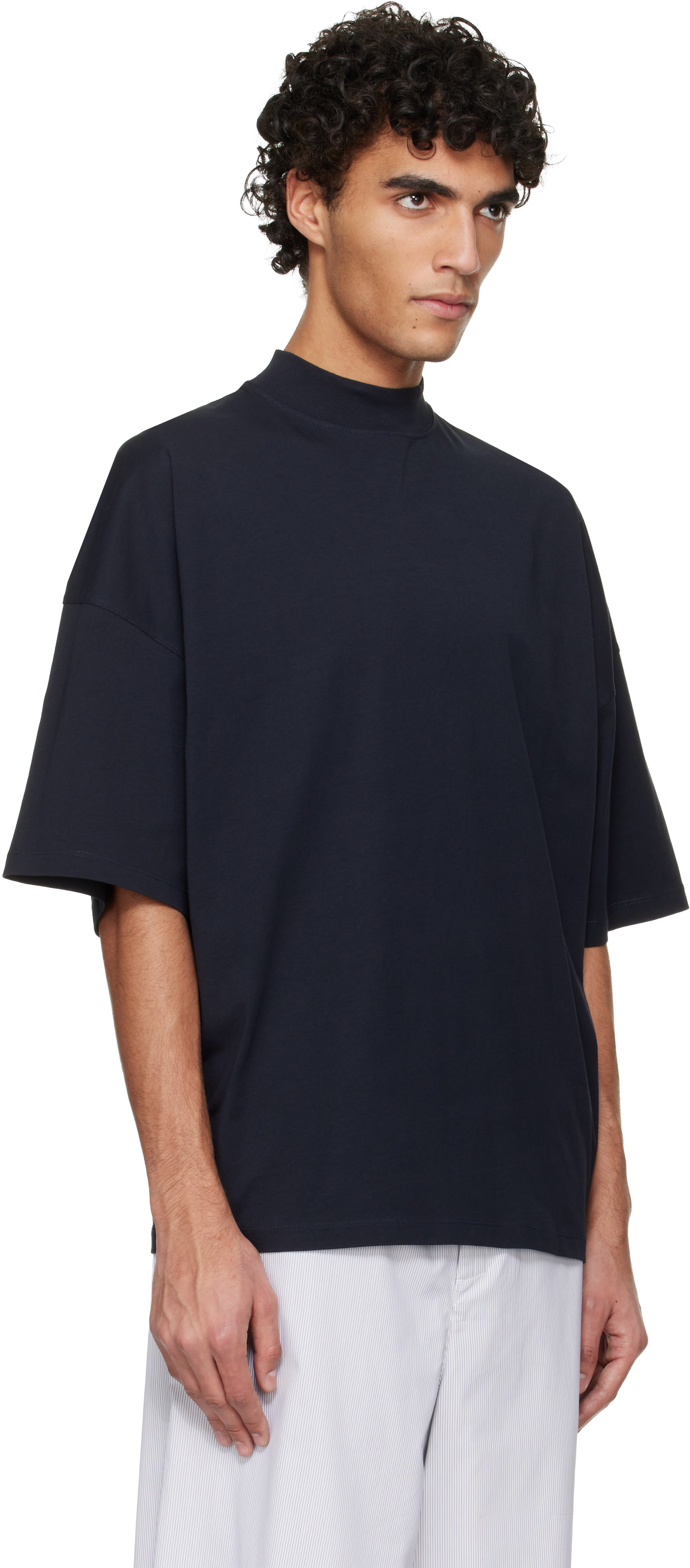 Jil Sander: ネイビー コットン モックネック Tシャツ | SSENSE 日本