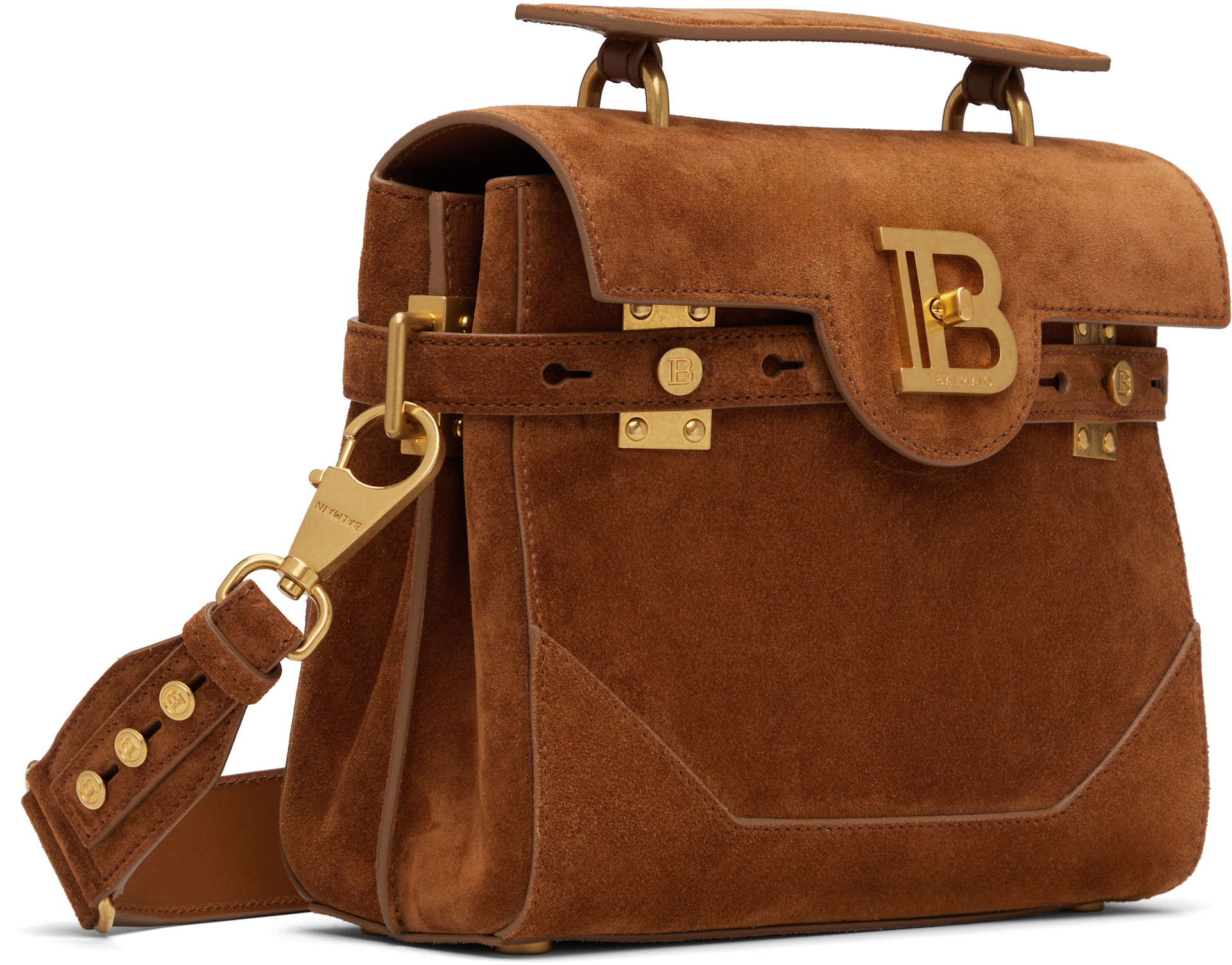 BALMAIN: Tan Suede B-Buzz 23 Bag | SSENSE