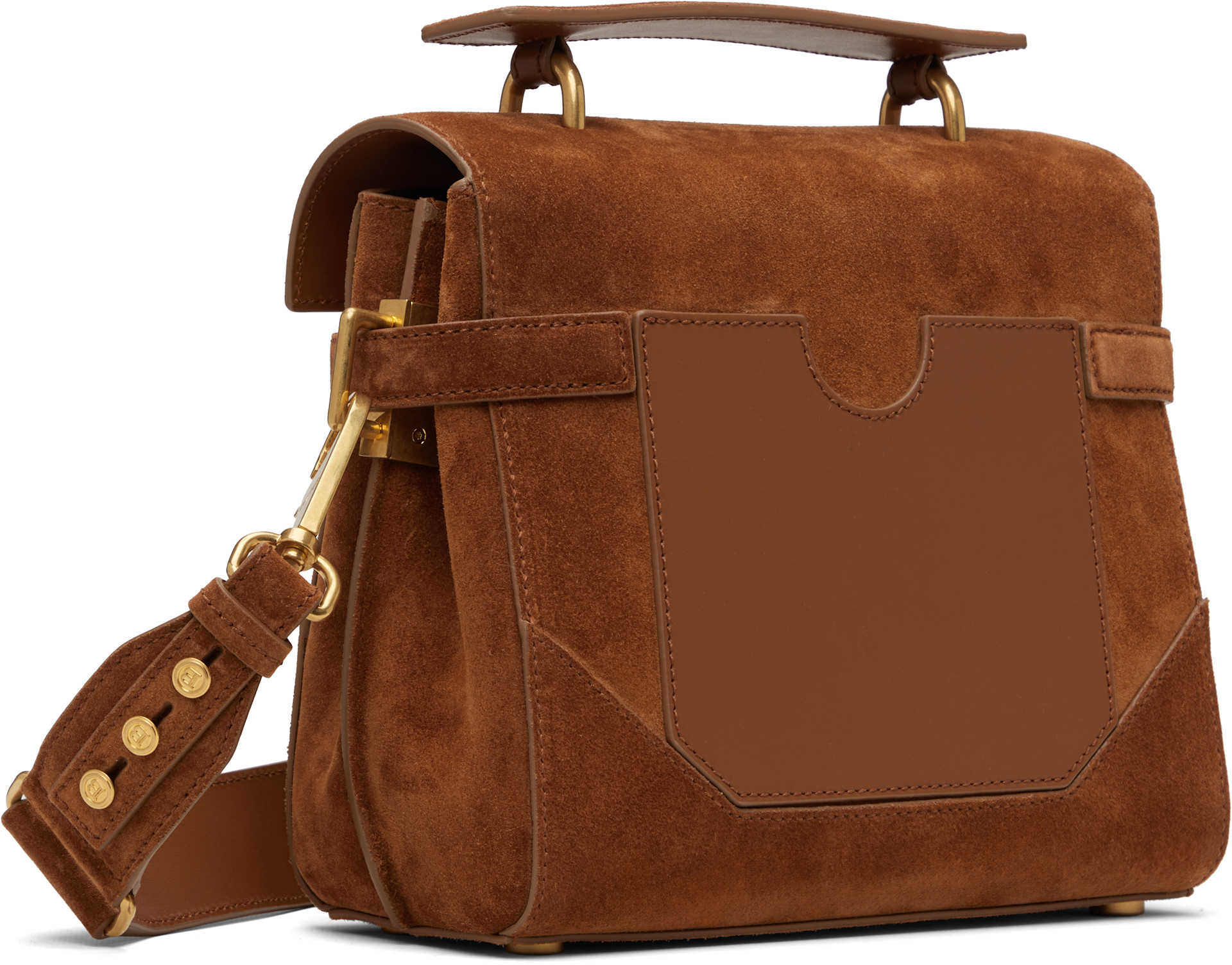 BALMAIN: Tan Suede B-Buzz 23 Bag | SSENSE