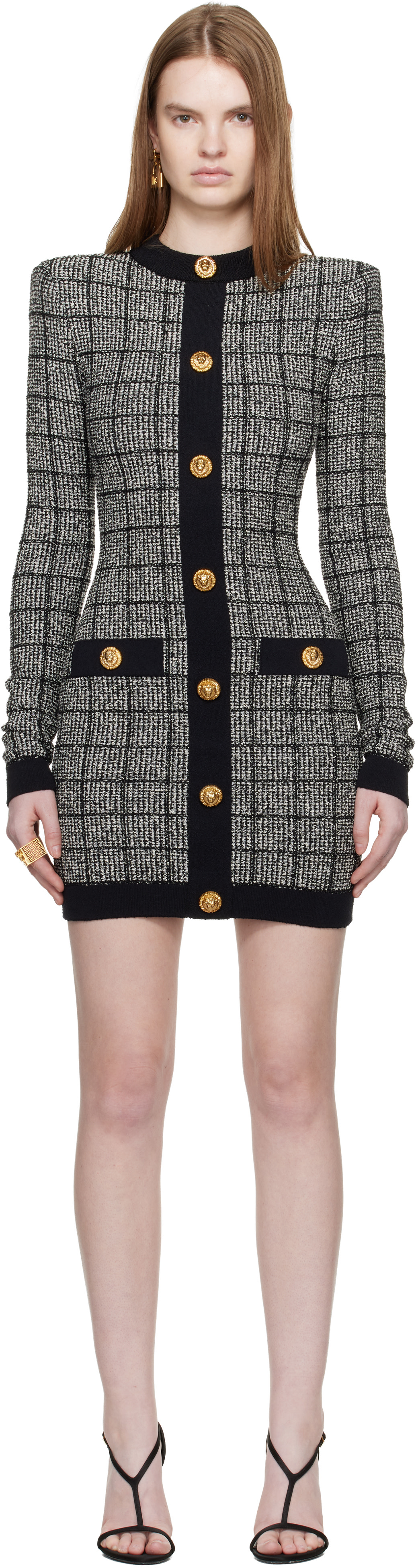 balmain dress black and white & Buttoned Light Tweed Minidress Color:Photo Color long sleeves _crosslink-quattro-flex-dress-shirt-with-semi-spread-collar Horizontal Stripe Dress -