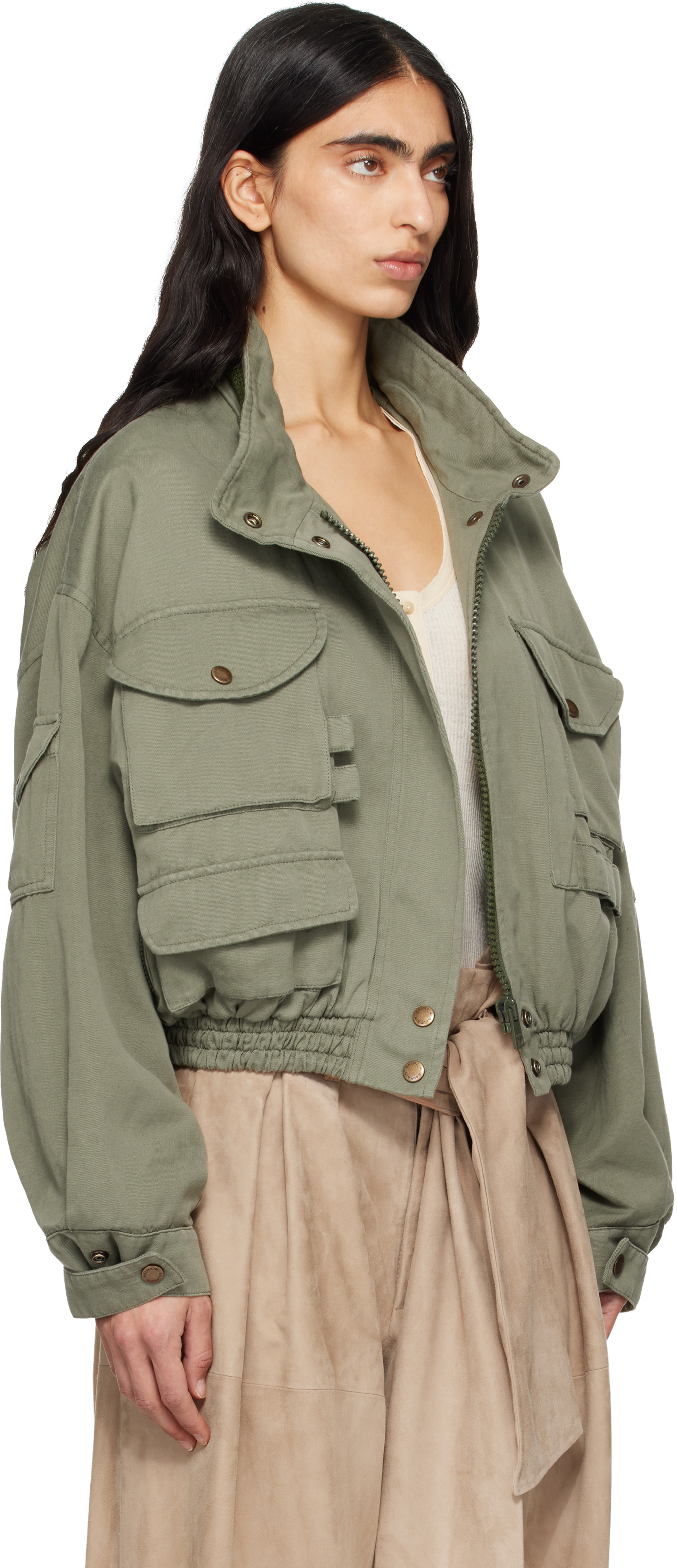 BALMAIN: Green Twill Bomber Jacket | SSENSE