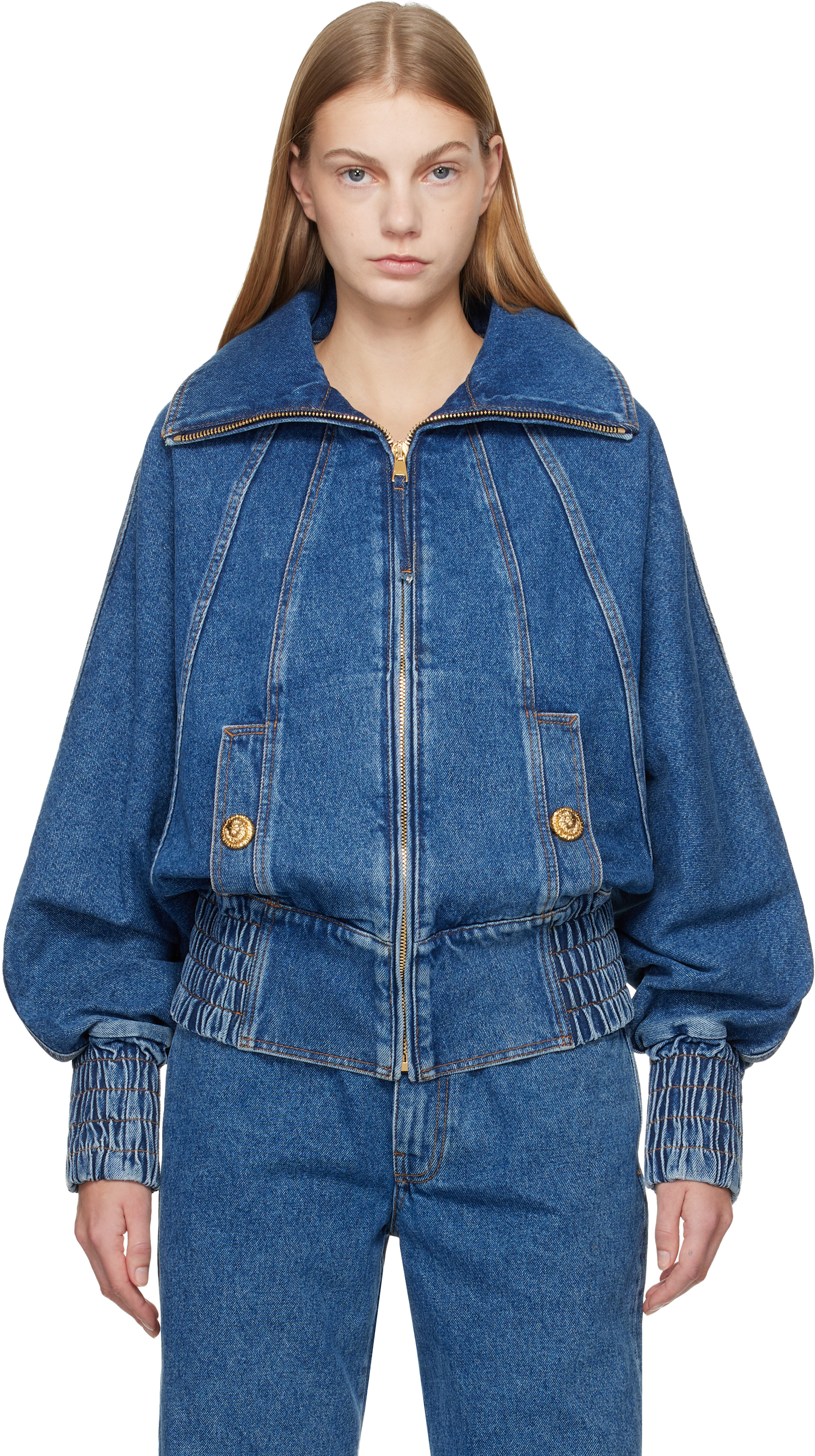 BALMAIN: Blue Zipped Denim Bomber Jacket | SSENSE