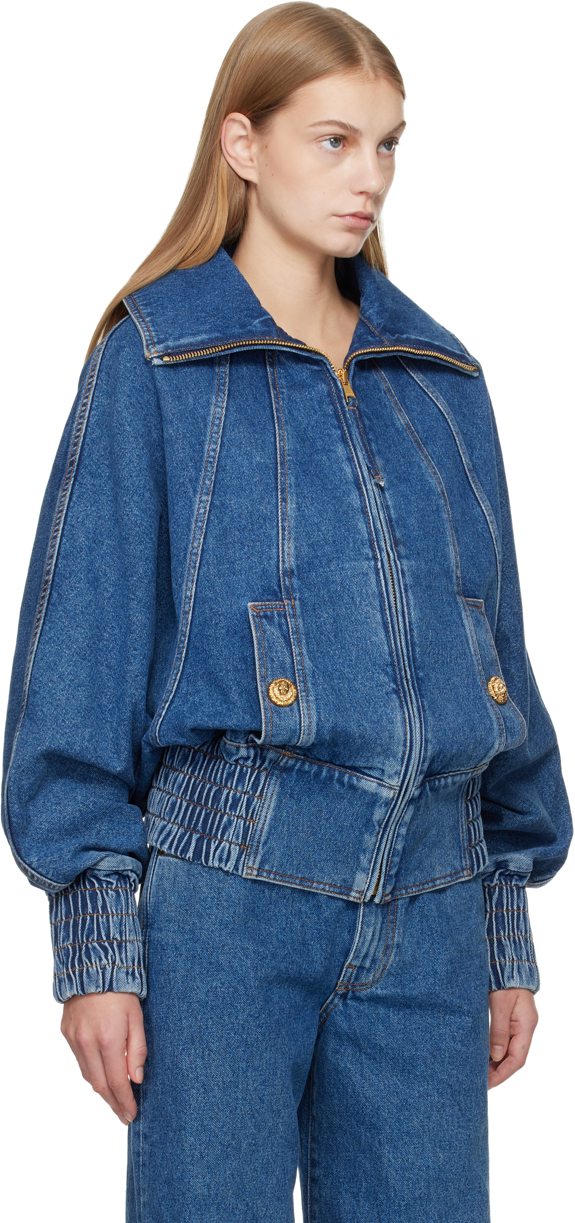 定価税込27.61万‼️BALMAIN BlousonDenimTie＆DyeJK BALMAIN: Blue Zipped Denim Bomber Jacket | SSENSE