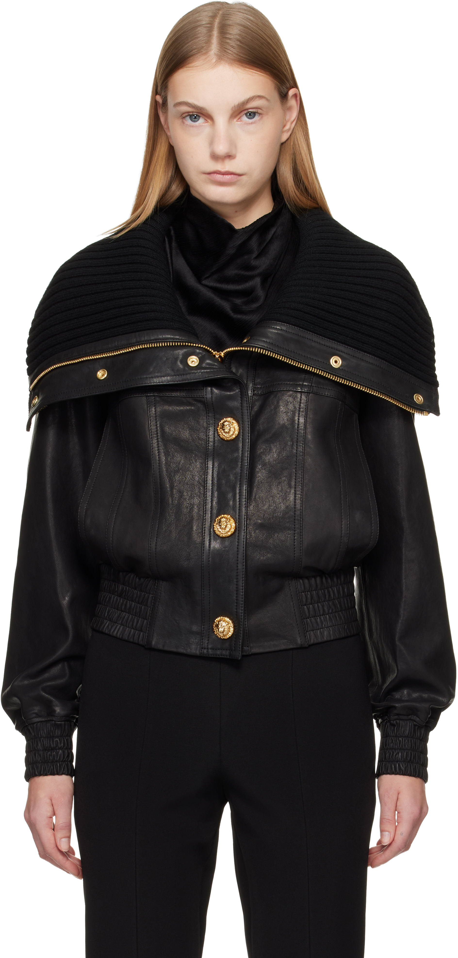 Balmain SS09 スタッズラペル　ラムスキンジャケット　38 Balmain: ブラック ラムスキン＆ニット ボンバージャケット | SSENSE 日本