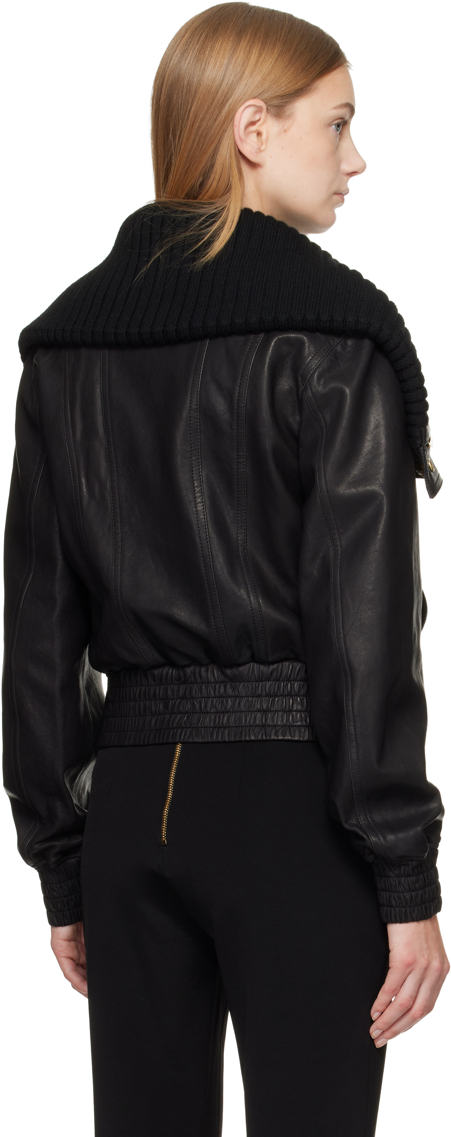 Balmain: ブラック ラムスキン＆ニット ボンバージャケット | SSENSE 日本