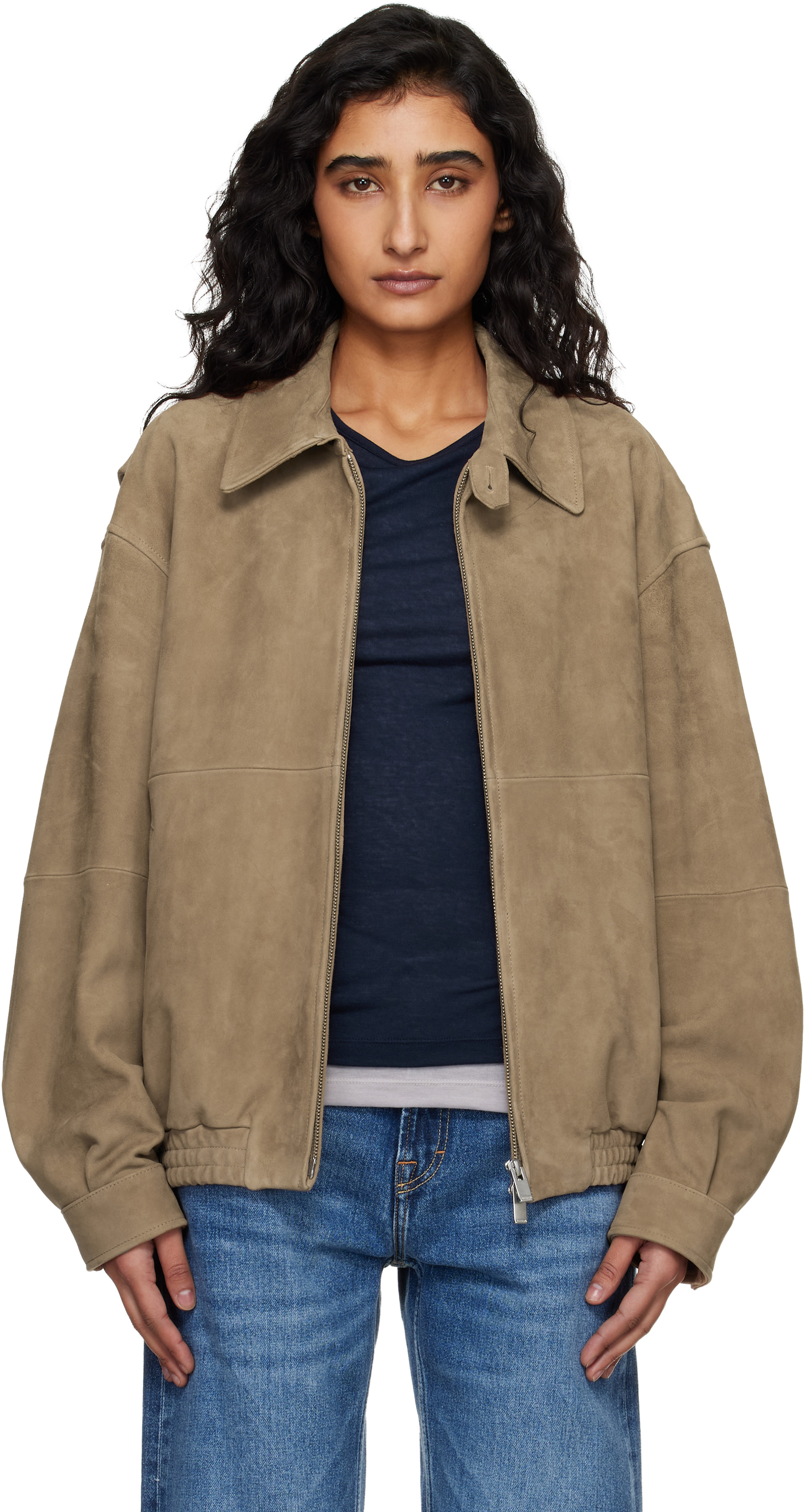 TONYWACK: Tan Goat Suede Relaxed Bomber Jacket | SSENSE