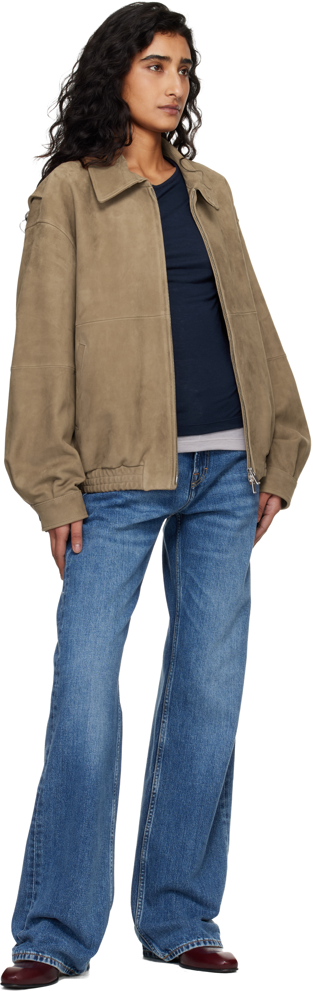 TONYWACK: Tan Goat Suede Relaxed Bomber Jacket | SSENSE