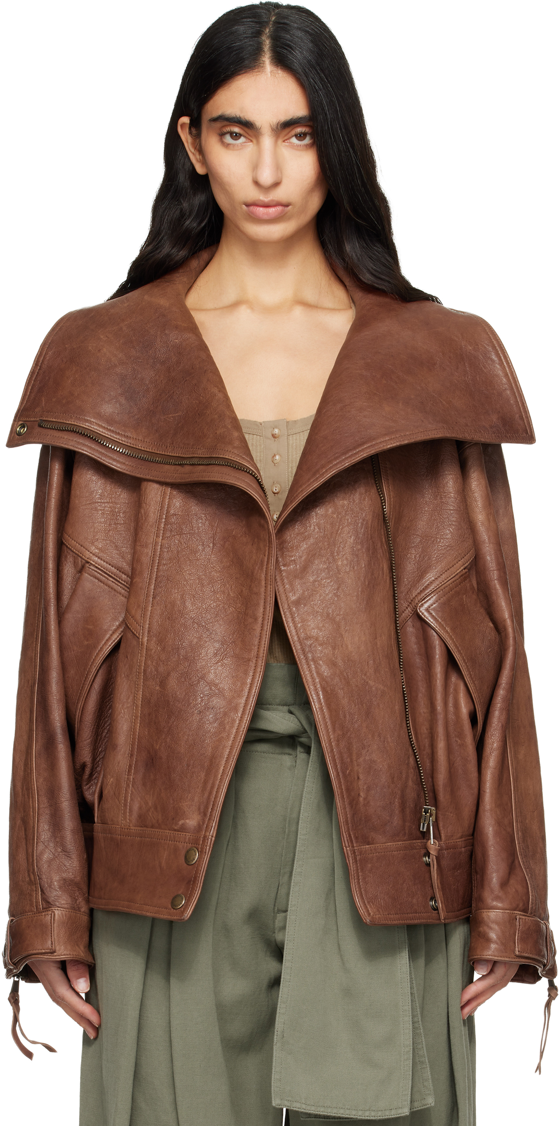 BALMAIN: Brown Lambskin Bomber Jacket | SSENSE