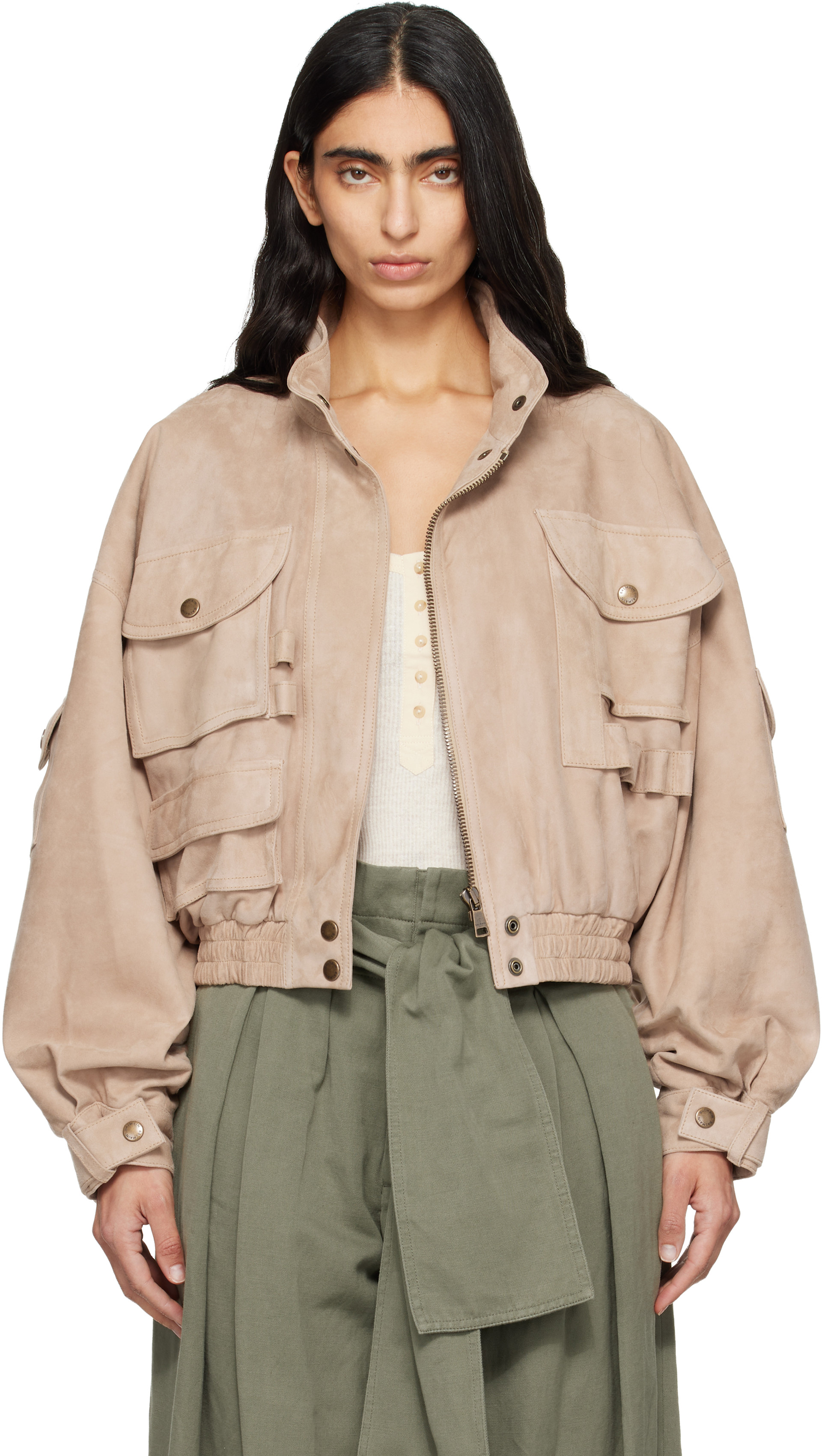 Balmain - Blouson aviateur beige en suède