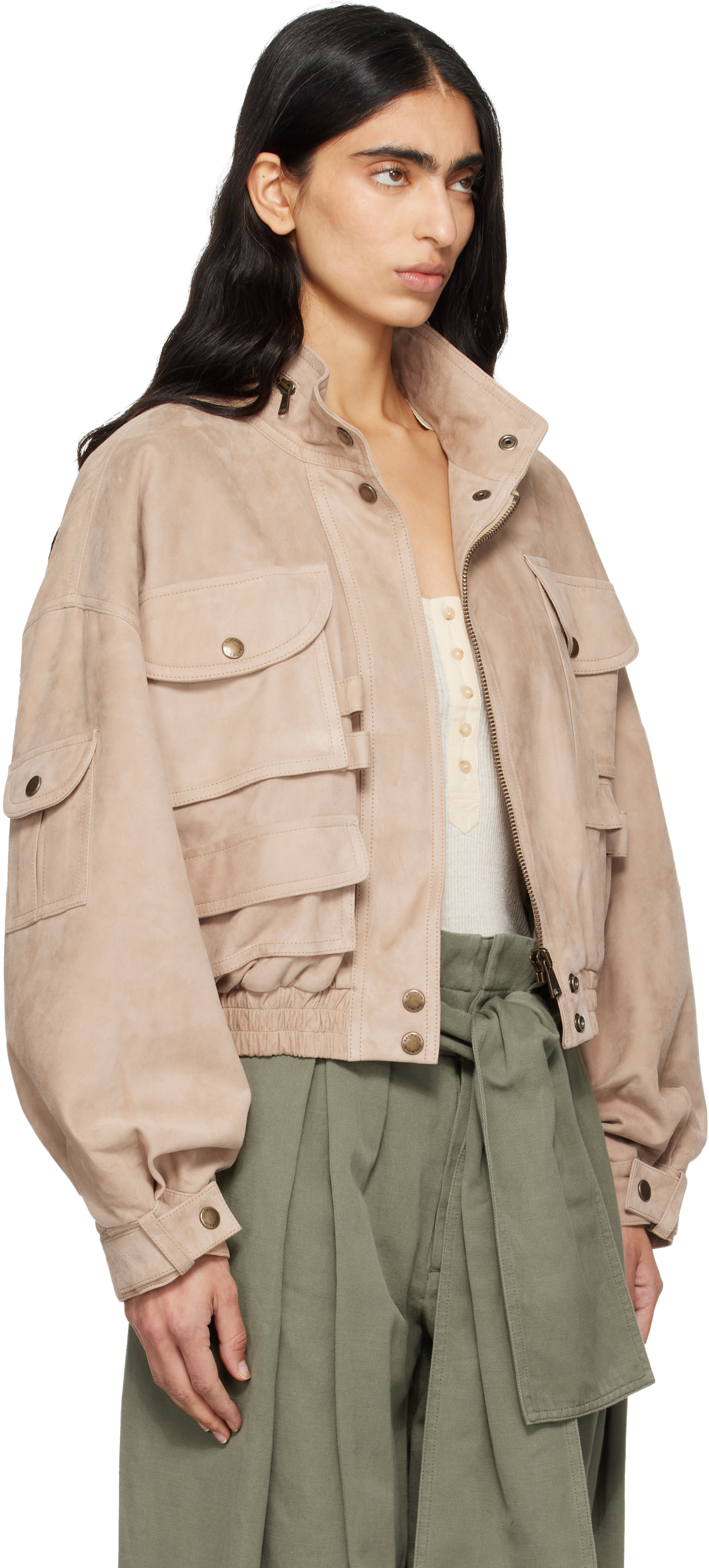 Balmain - Blouson aviateur beige en suède
