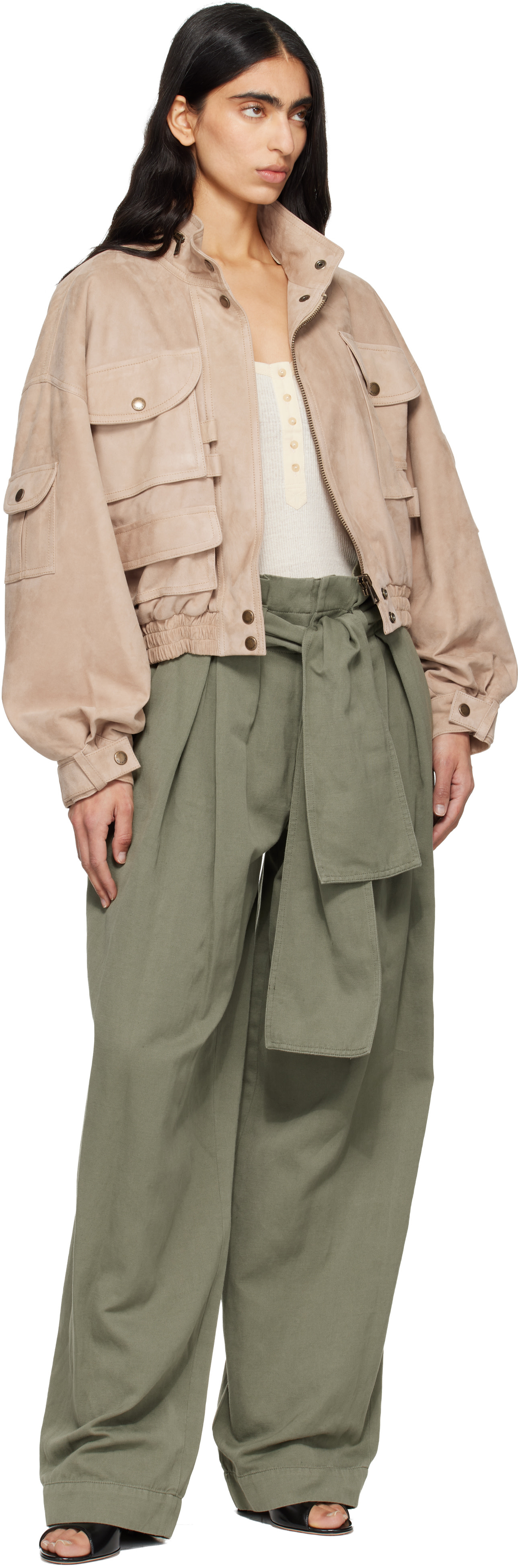 Balmain - Blouson aviateur beige en suède