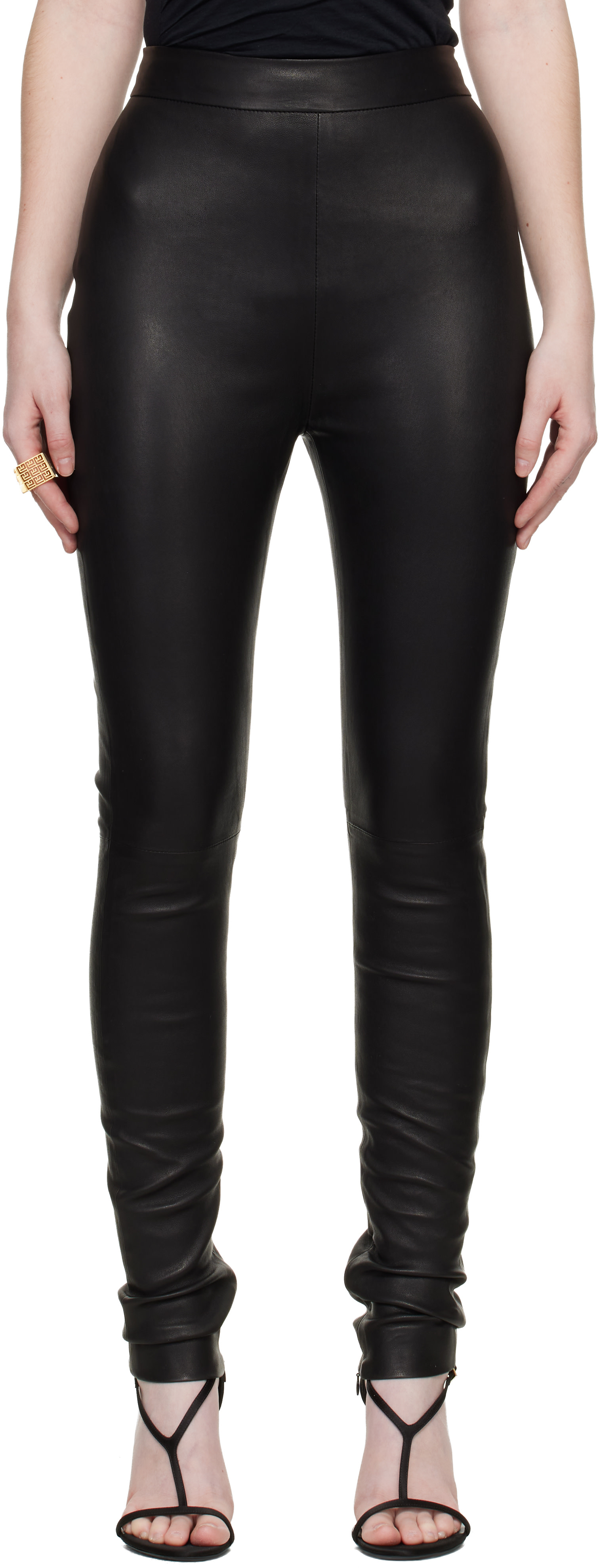 BALMAIN: Black Zipped Lambskin Leggings | SSENSE