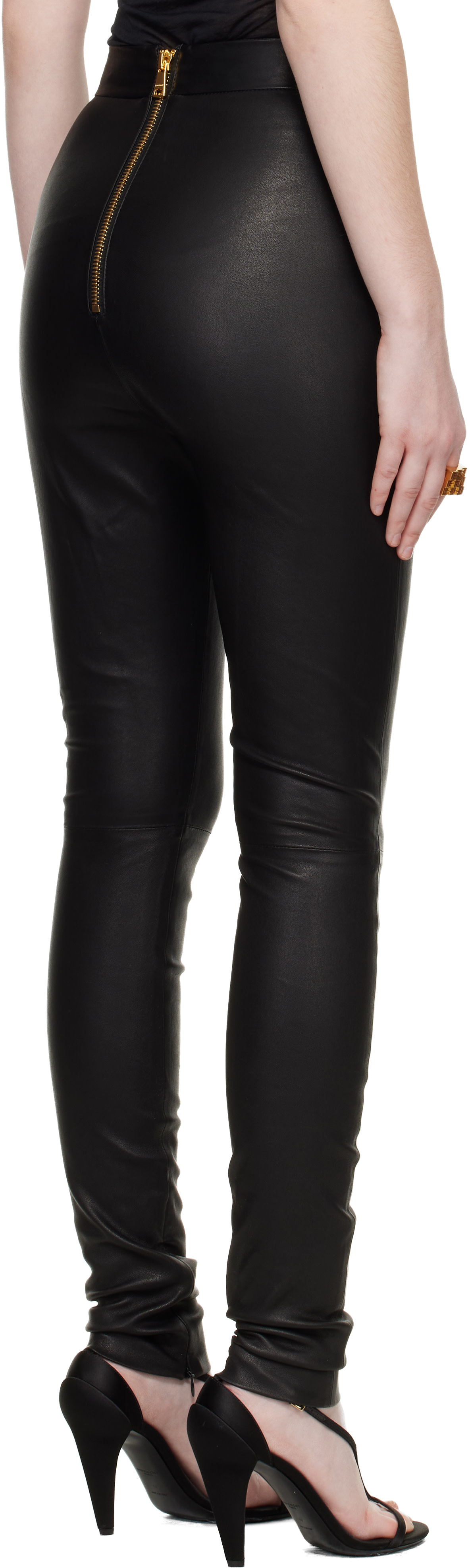 新品同様★BALMAIN ブラック ストレッチパンツ BALMAIN: Black Zipped Lambskin Leggings | SSENSE