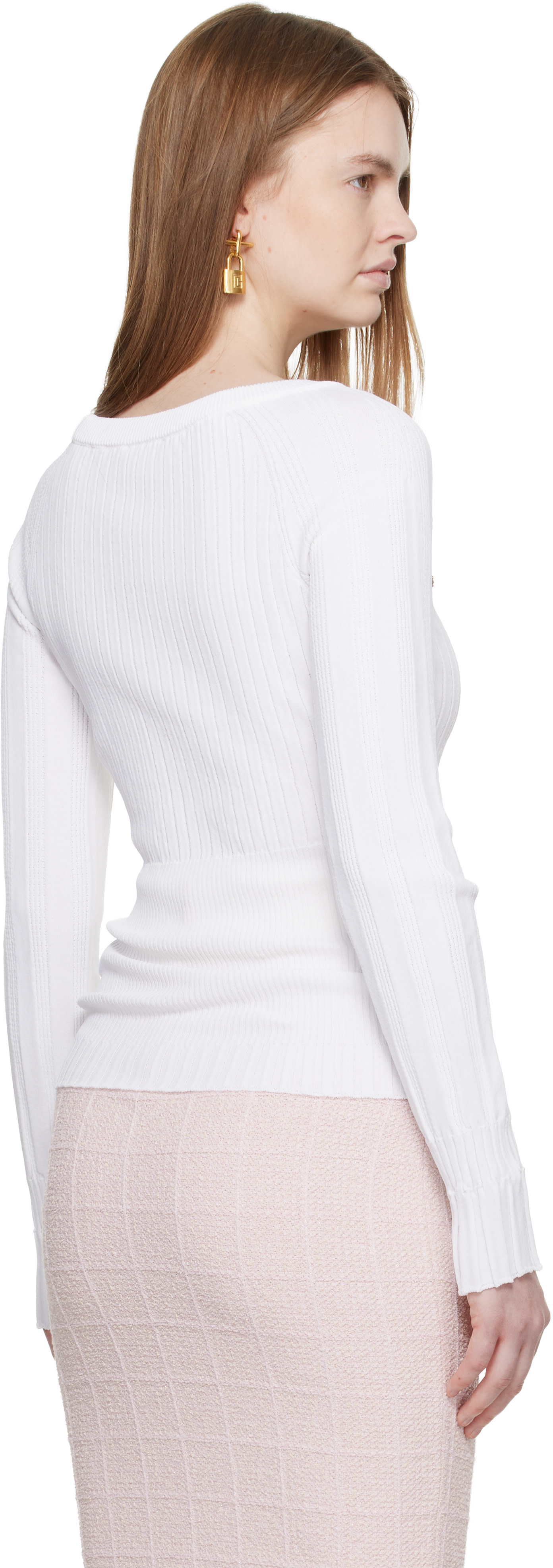 Balmain - Pull blanc en tricot à boutons